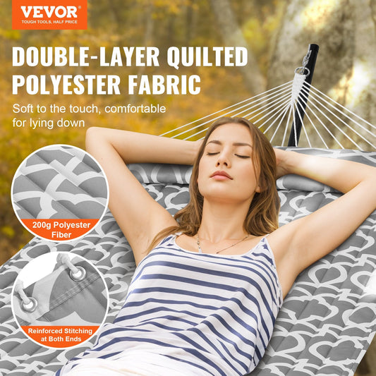 Large double quilted hammock provides spacious seating for two people in the backyard or patio