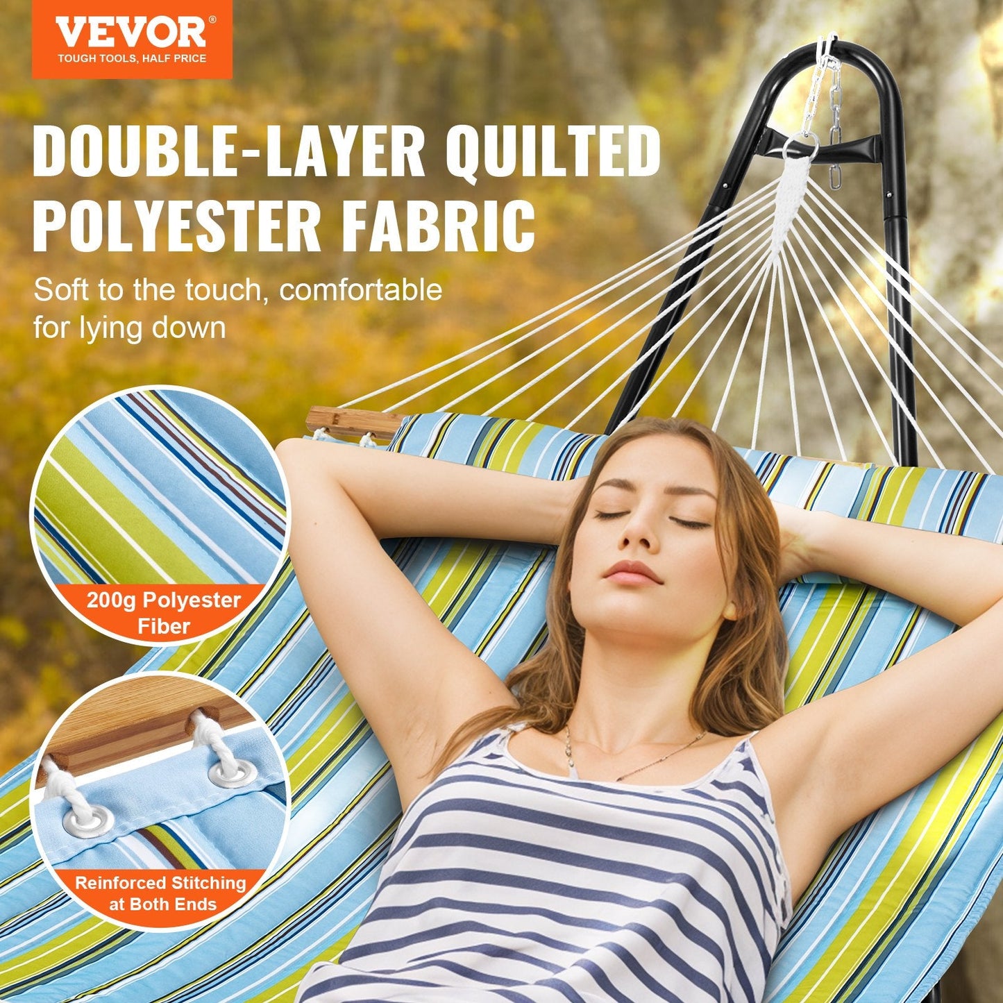 Double Hammock with Stand, 217.7kg Capacity, Quilted Fabric, Green Stripes