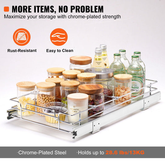 Under Sink Pull-Out Organizer, 0.28 x 0.53m, Chrome Wire Basket, 13kg Capacity