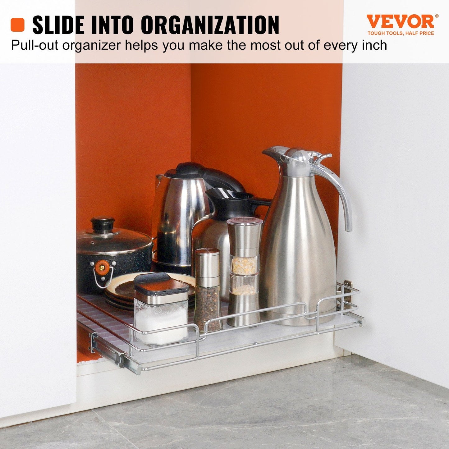 Heavy Duty Slide-Out Cabinet Organizer, 0.43m x 0.53m, Chrome-Plated Steel