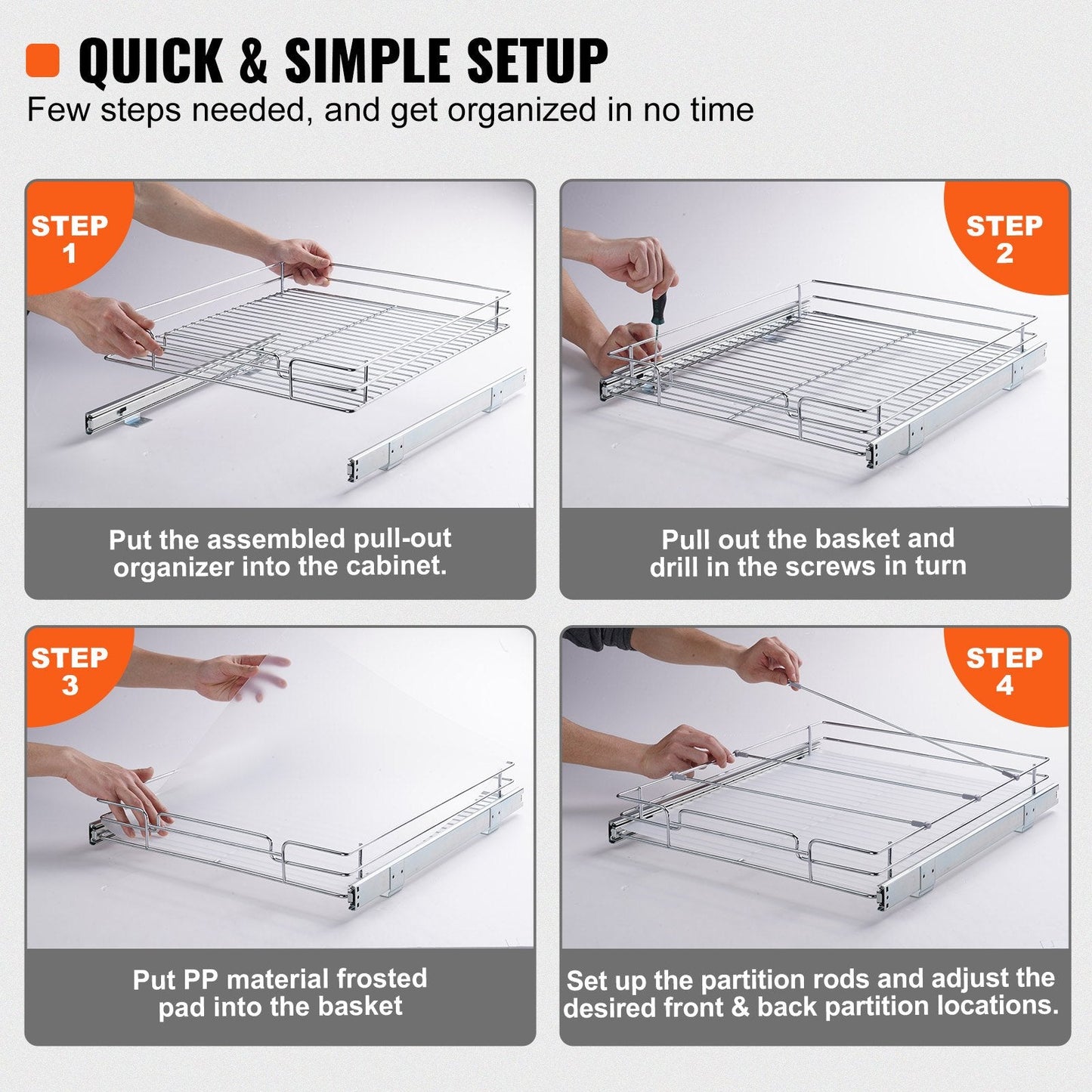 Heavy Duty Slide-Out Cabinet Organizer, 0.43m x 0.53m, Chrome-Plated Steel