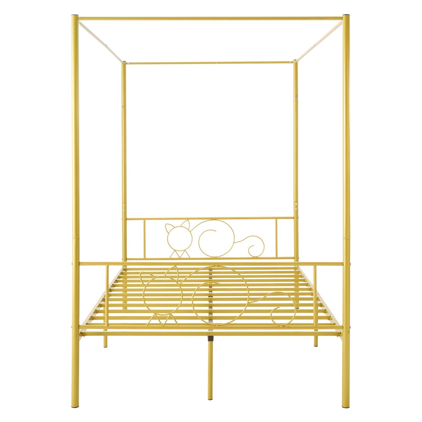 Full Size Canopy Bed Frame, Metal Canopy Bed with Minimalist Headboard & Four Posters Design, Heavy Duty Steel Slats Support, Underbed Storage Space, No Box Spring Needed, Easy Assembly, Gold