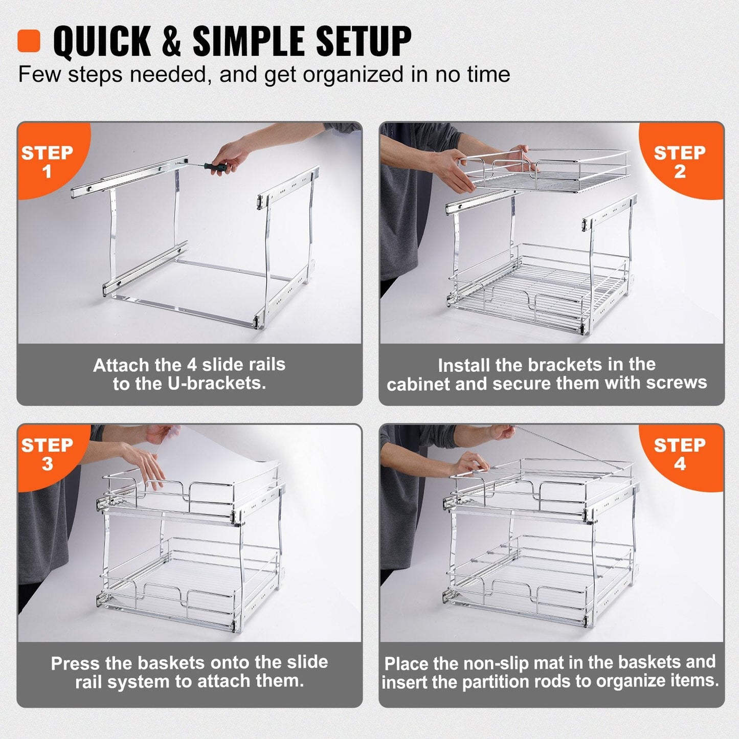2-Tier Chrome Under Sink Wire Organizer with Pull-Out Baskets, 14x21 cm