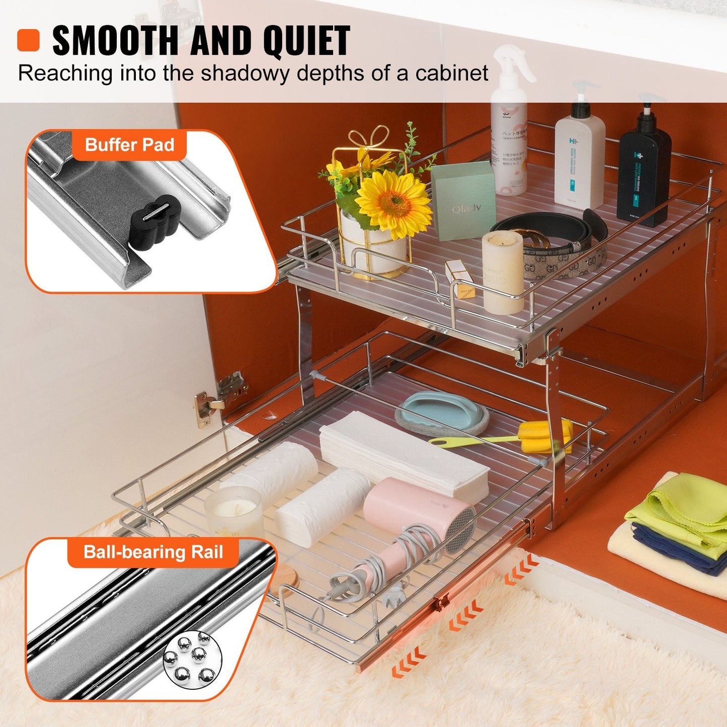 2-Tier Chrome Under Sink Organizer with Sliding Wire Baskets - 0.46x0.51m