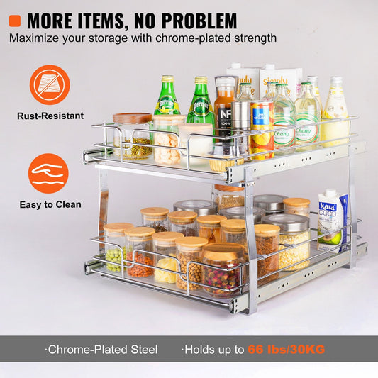 2-Tier Chrome Under Sink Organizer with Sliding Wire Baskets - 0.46x0.51m