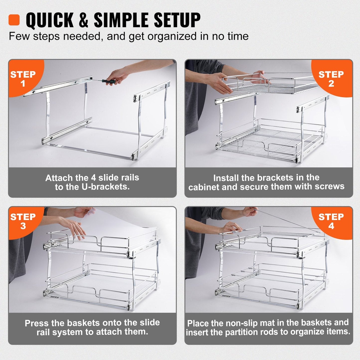2-Tier Chrome Under Sink Organizer with Sliding Wire Baskets - 0.46x0.51m