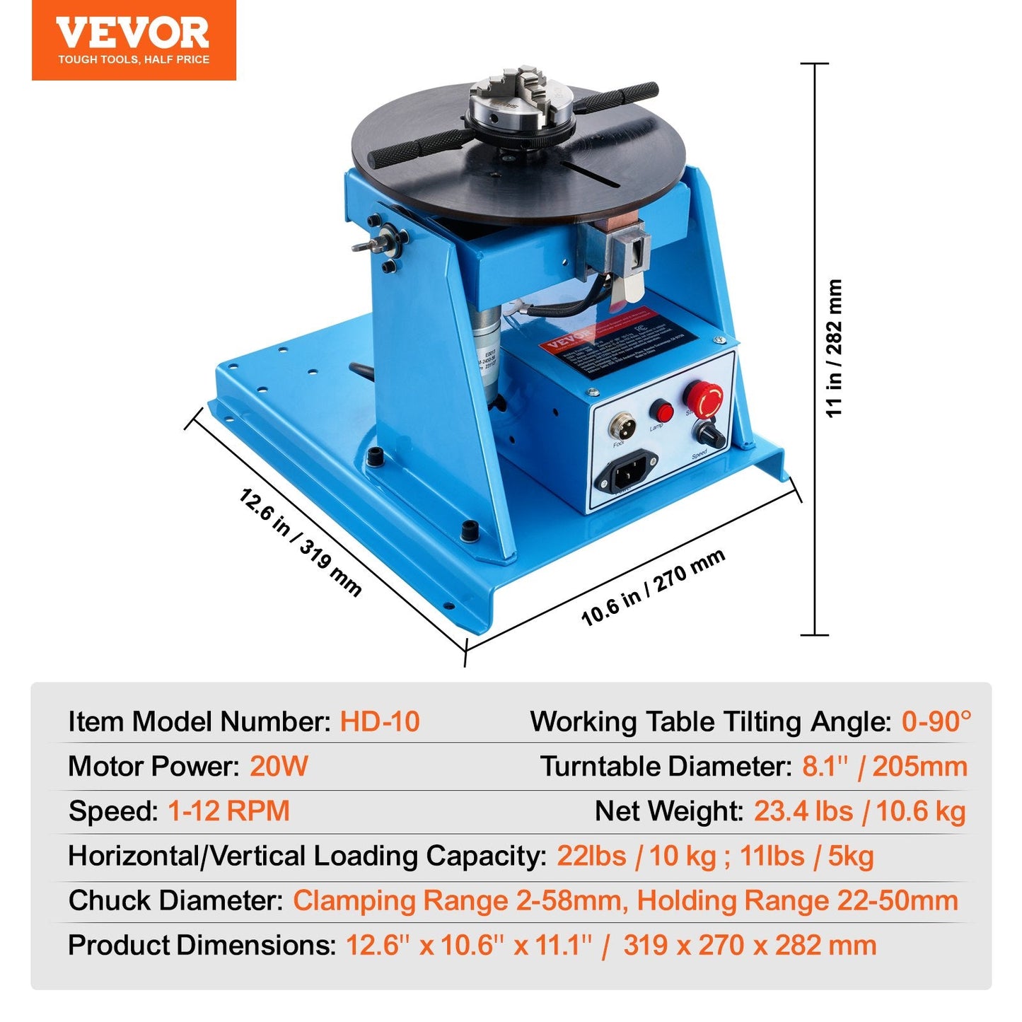 Portable 10KG Welding Positioner, 0-90° Turntable with 205mm 3-Jaw Chuck