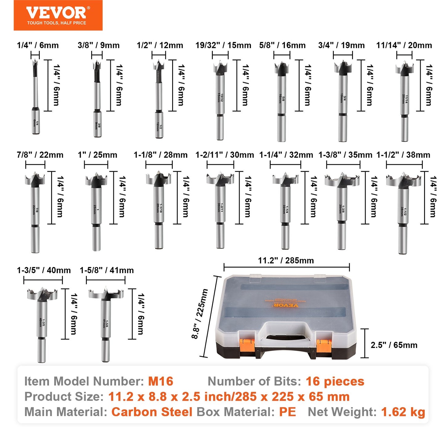 VEVOR Forstner Bit Set, 16 Pcs Forstner Drill Bits Set, 1/4" to 1-5/8", Carbon Steel,