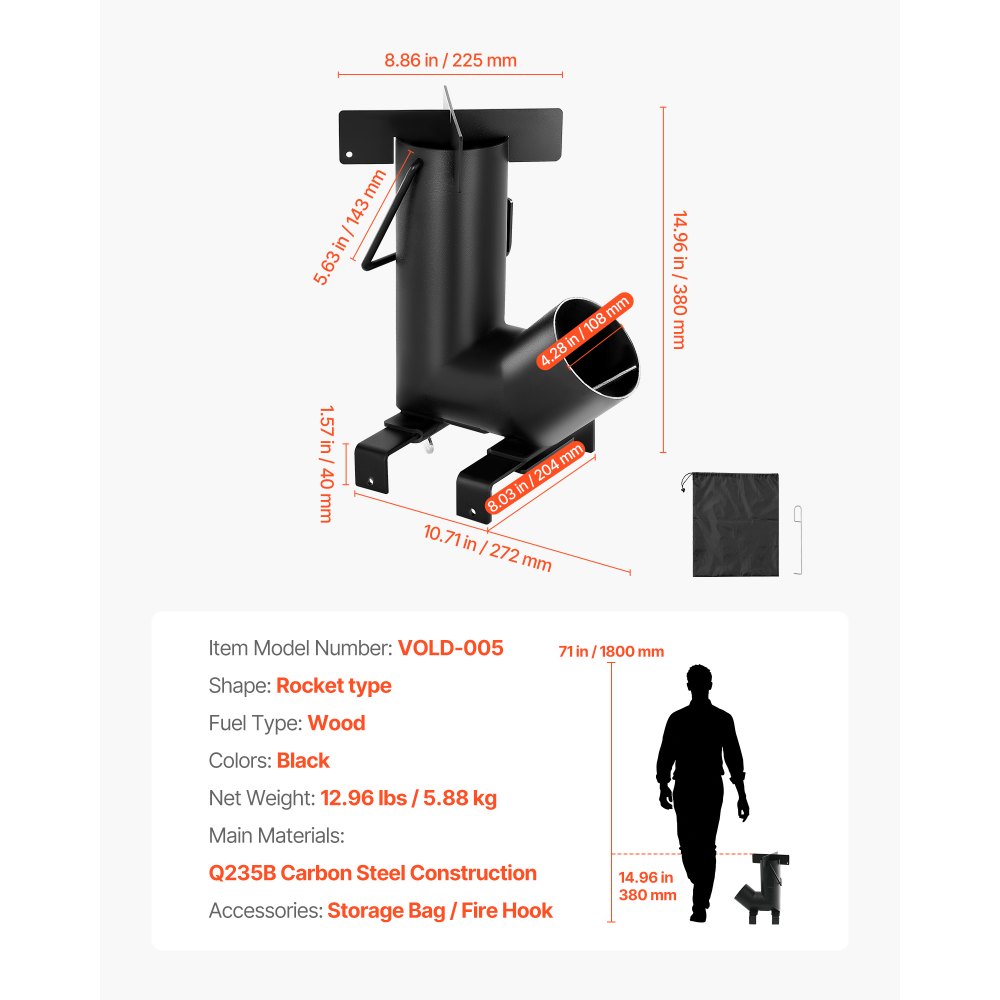 Camping Rocket Stove Wood Burning Portable Rocket Stove Carbon Steel Black