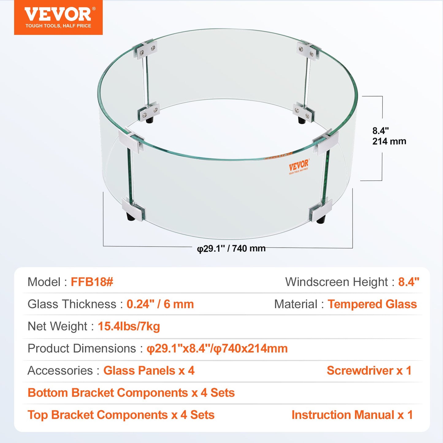VEVOR Fire Pit Wind Guard, 740 x 214mm Round Glass Flame Shield, 6mm Thick Fire