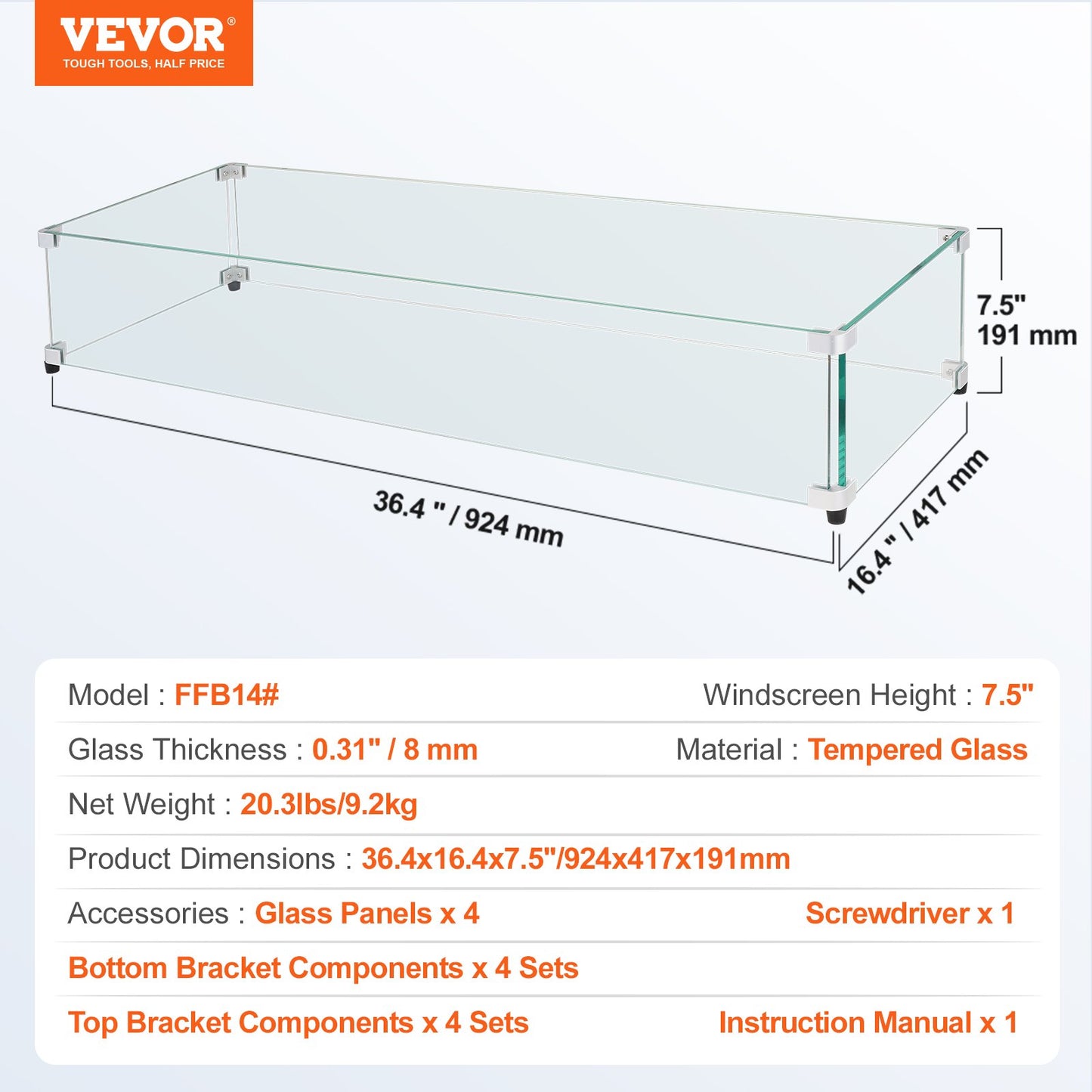 VEVOR Glass Wind Guard for Rectangular Fire Pit Table 924 x 417 x 191 mm, 8mm Thick