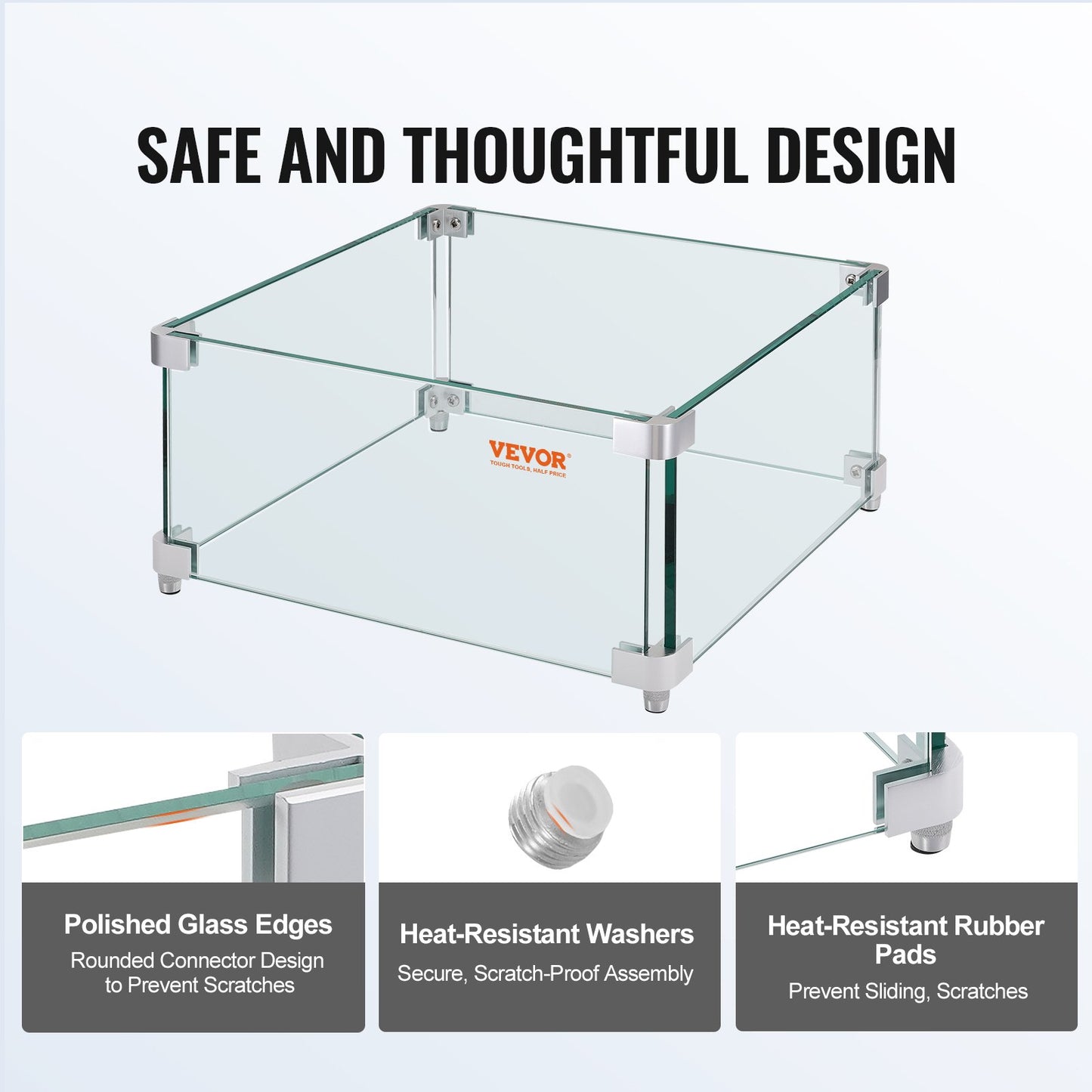 VEVOR Gas Fire Pit Wind Guard for Square Fire Table, 380 x 380 x 180 mm Clear Tempered