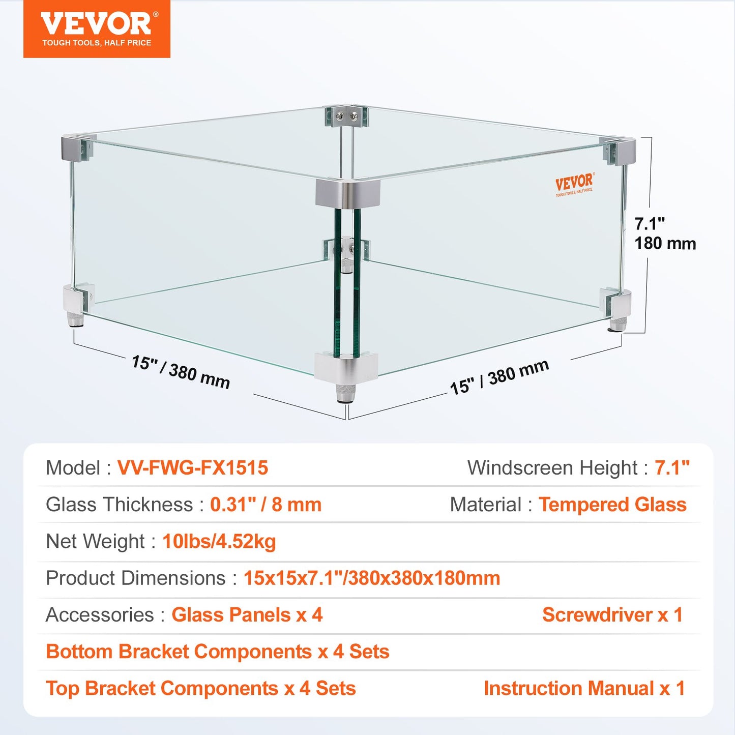 VEVOR Gas Fire Pit Wind Guard for Square Fire Table, 380 x 380 x 180 mm Clear Tempered