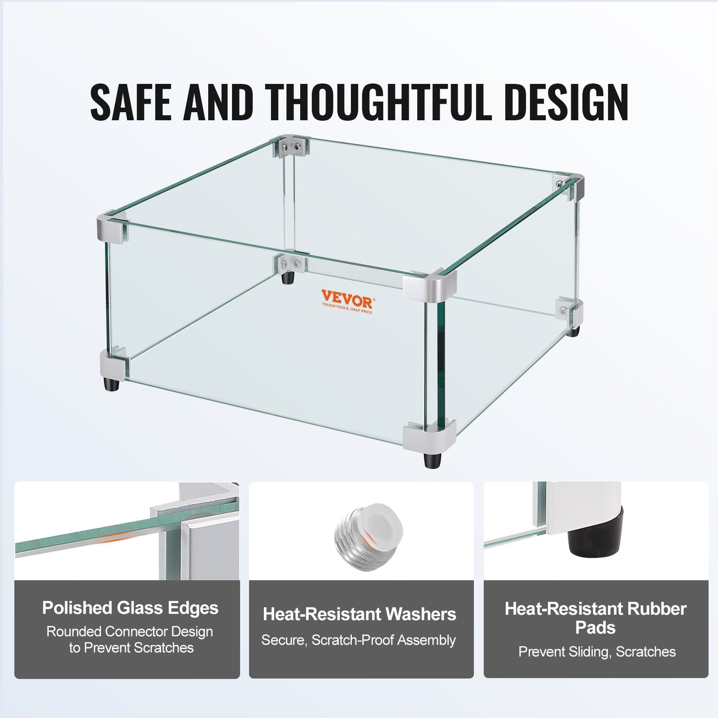 VEVOR Gas Fire Pit Wind Guard for Square Fire Table, 543 x 543 x 191 mm Clear Tempered