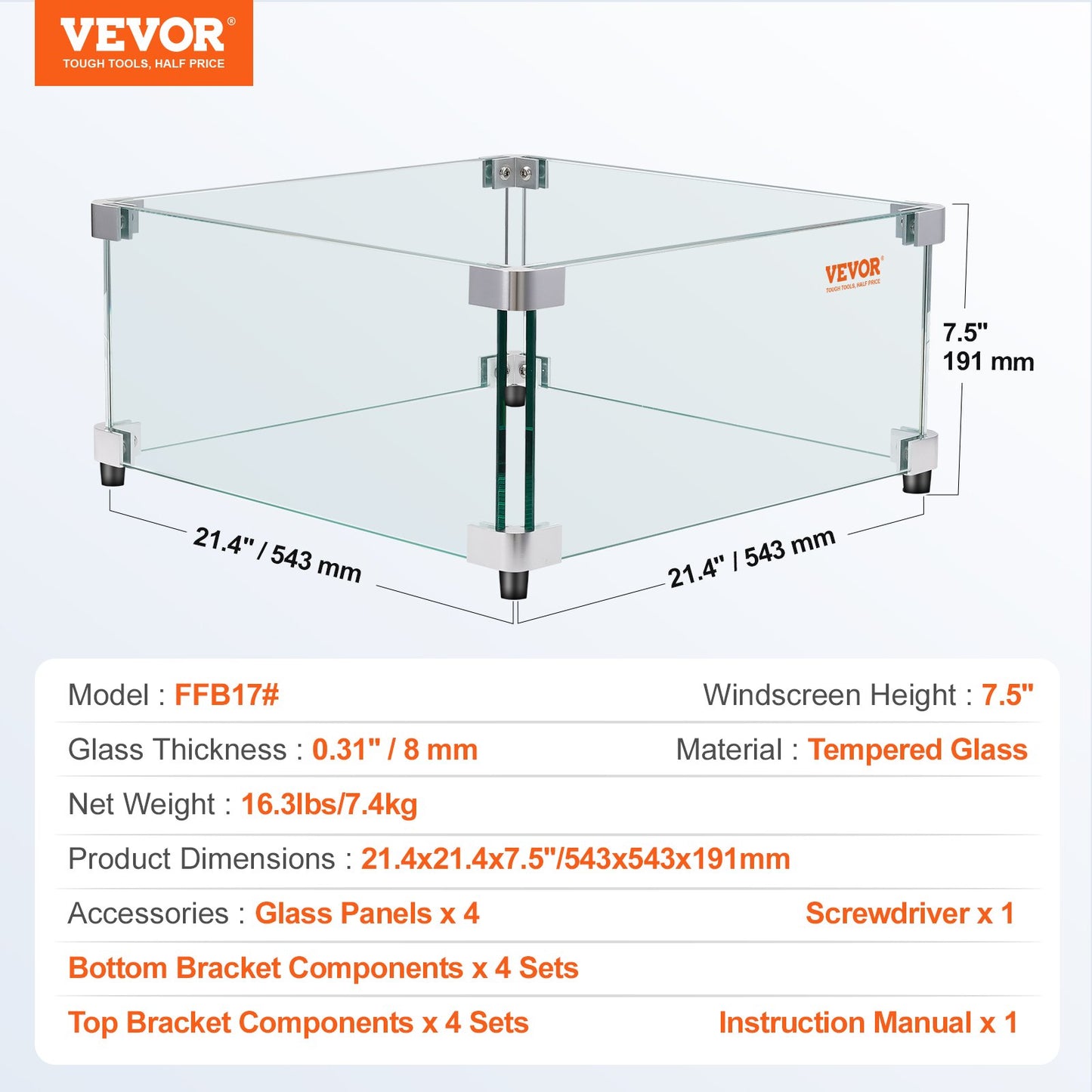 VEVOR Gas Fire Pit Wind Guard for Square Fire Table, 543 x 543 x 191 mm Clear Tempered