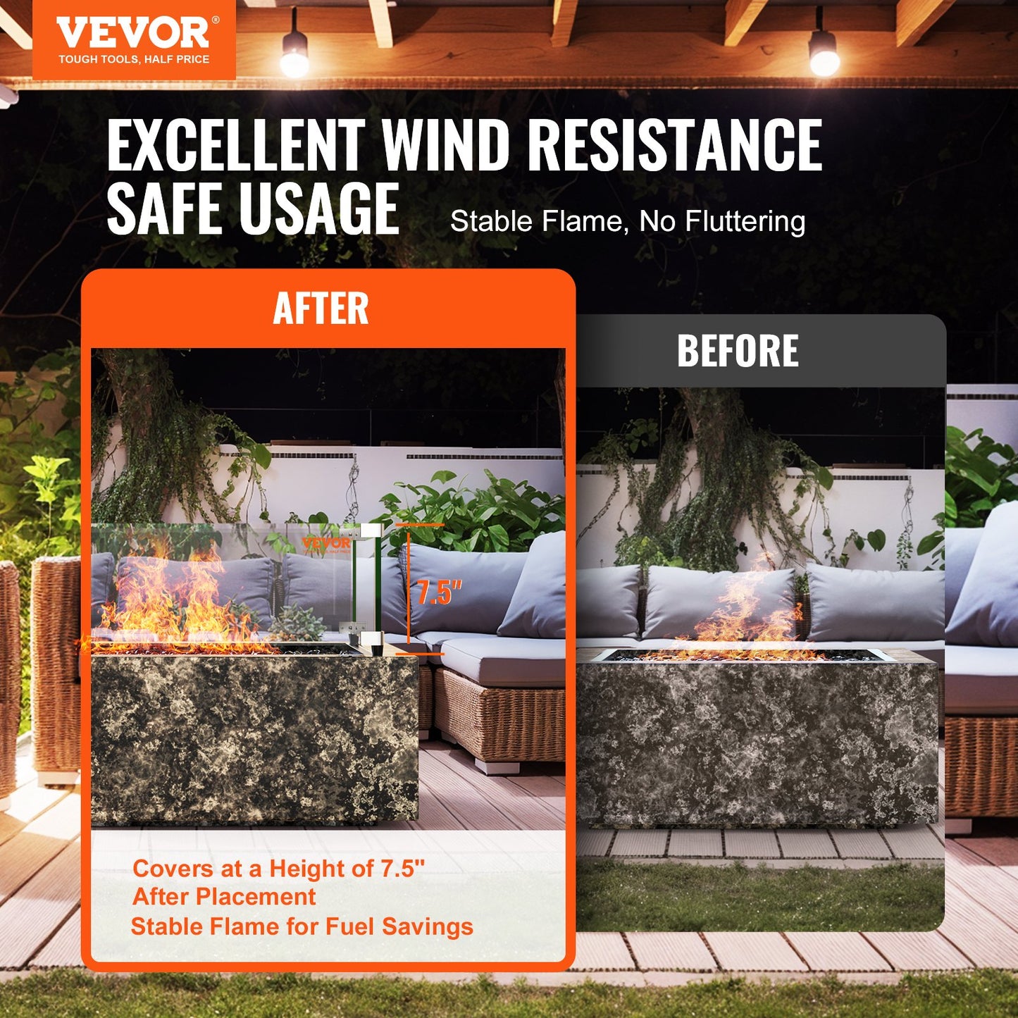 VEVOR Gas Fire Pit Wind Guard for Square Fire Table, 493 x 493 x 191 mm Clear Tempered