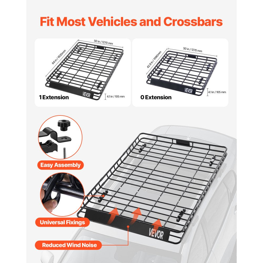VEVOR Roof Rack Cargo Carrier Basket 1630x1270x105 mm Car Top Luggage Holder Net