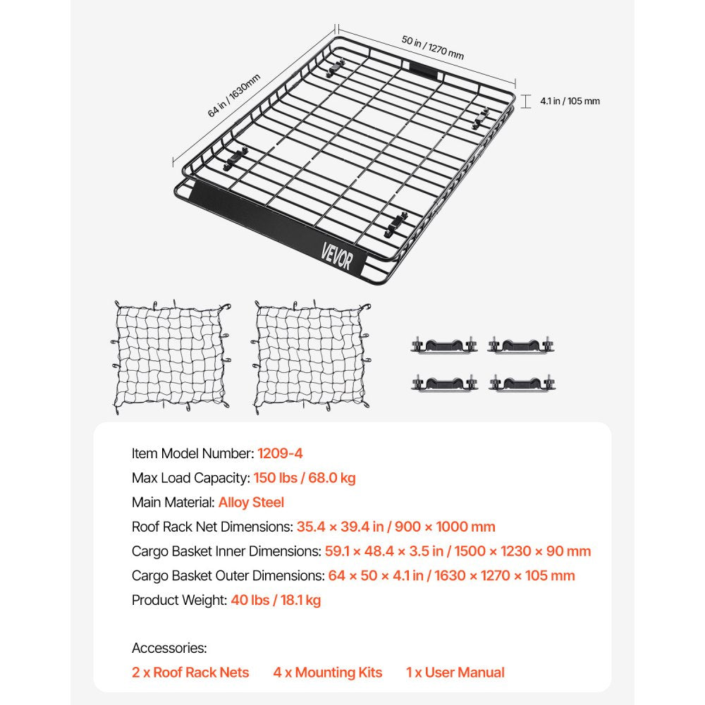 VEVOR Roof Rack Cargo Carrier Basket 1630x1270x105 mm Car Top Luggage Holder Net