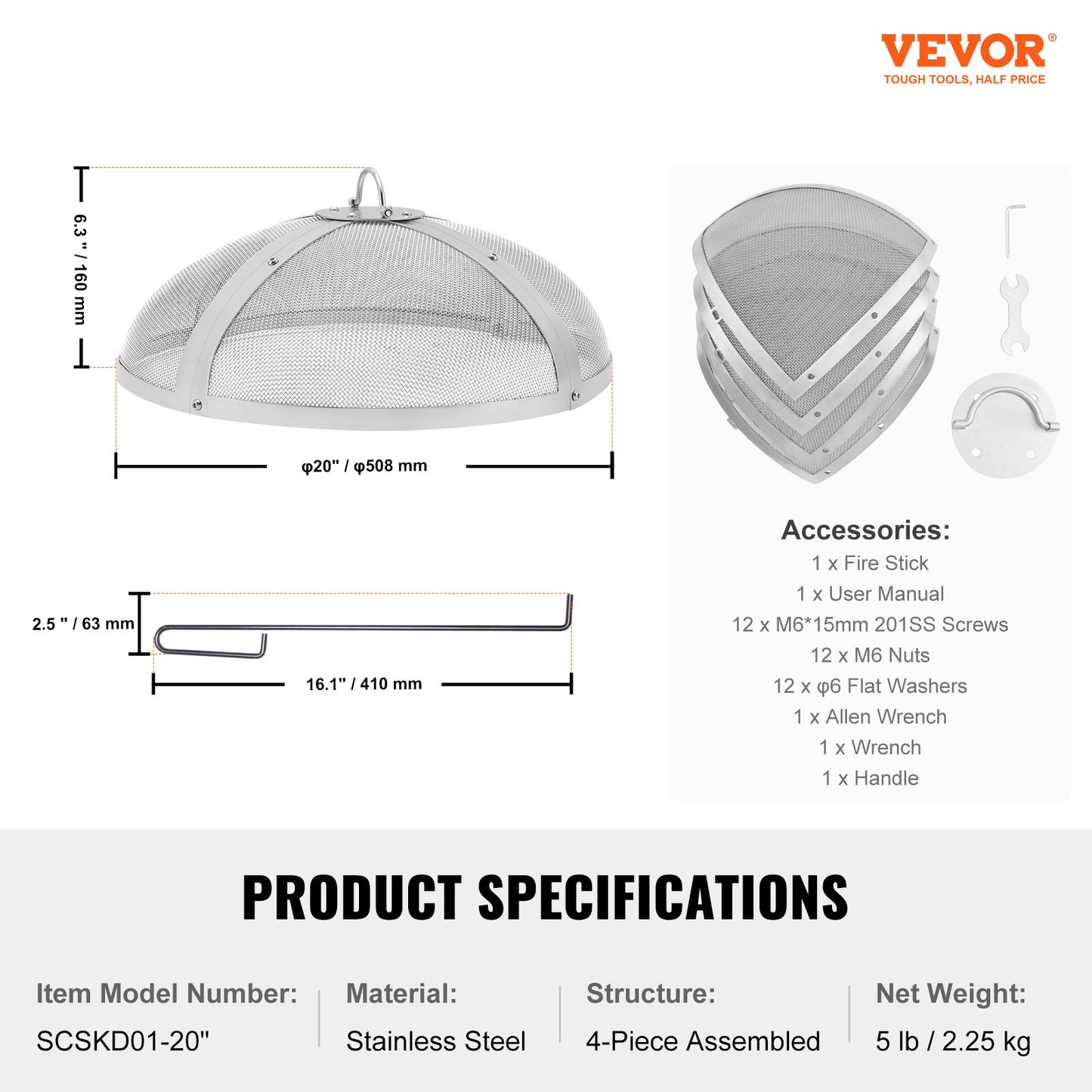 VEVOR Fire Pit Spark Screen Round 20", Reinforced Heavy Duty Steel Metal Cover,