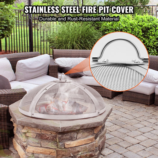 Heavy-duty round fire pit cover features durable stainless steel for heat and rust resistance