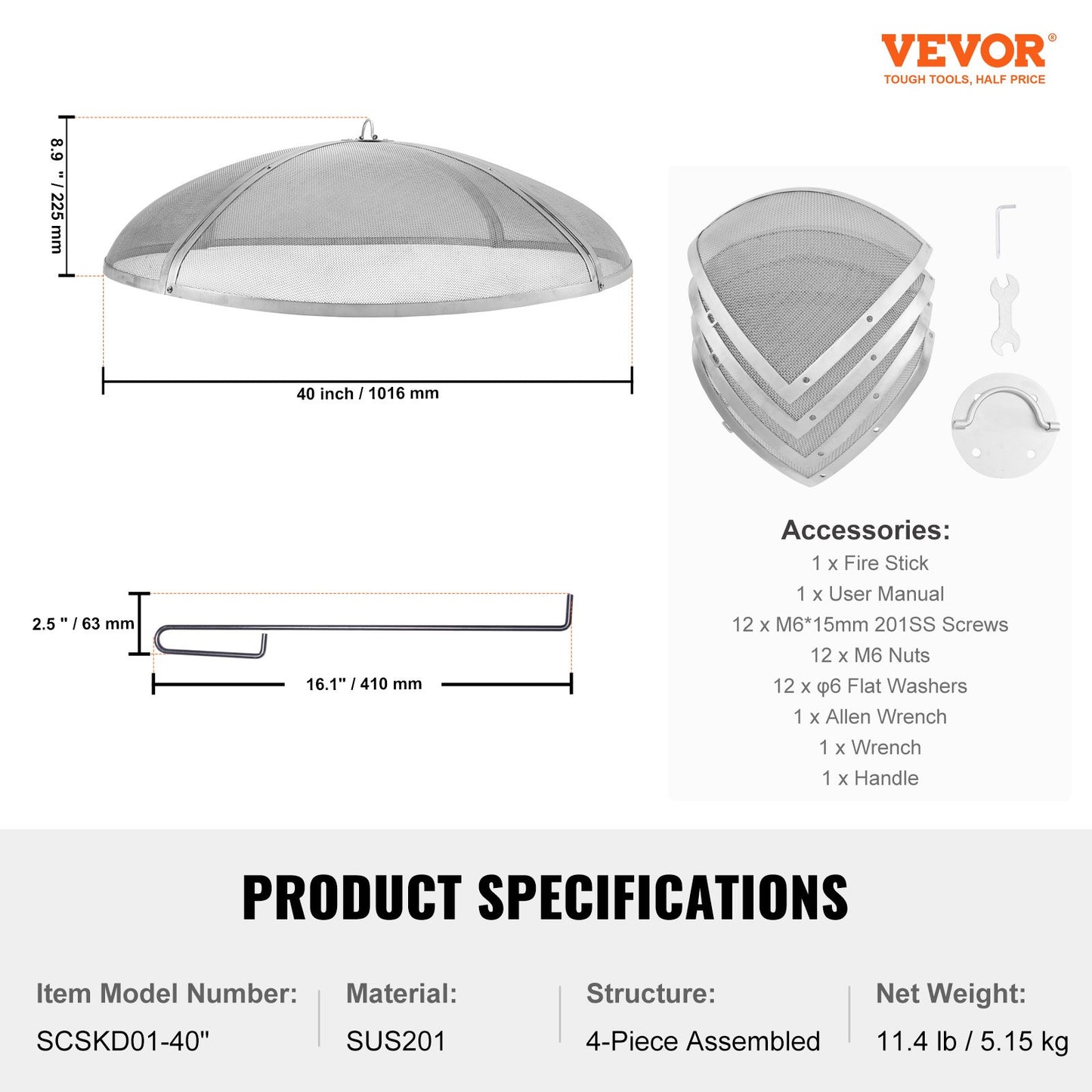 VEVOR Fire Pit Spark Screen Round 40", Reinforced Heavy Duty Steel Metal Cover,