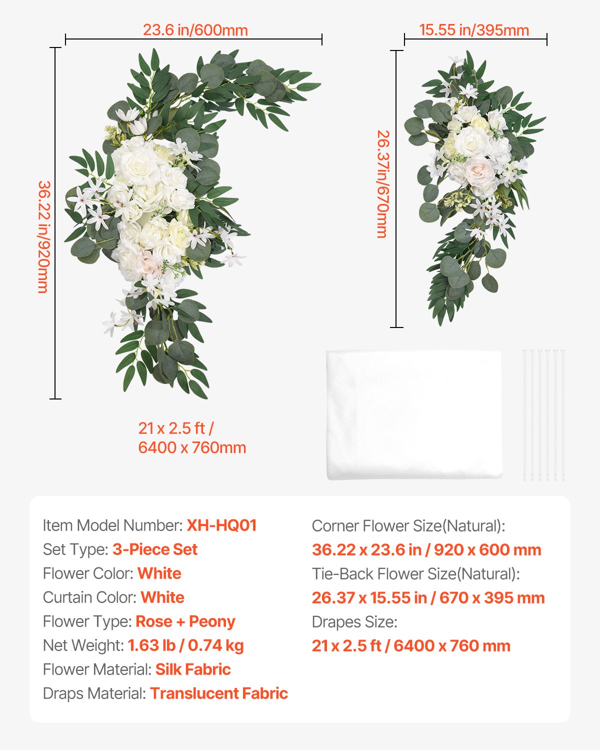 VEVOR Artificial Wedding Arch Flowers Kit White With 2 Pcs Flowers 1 Pcs Drapes