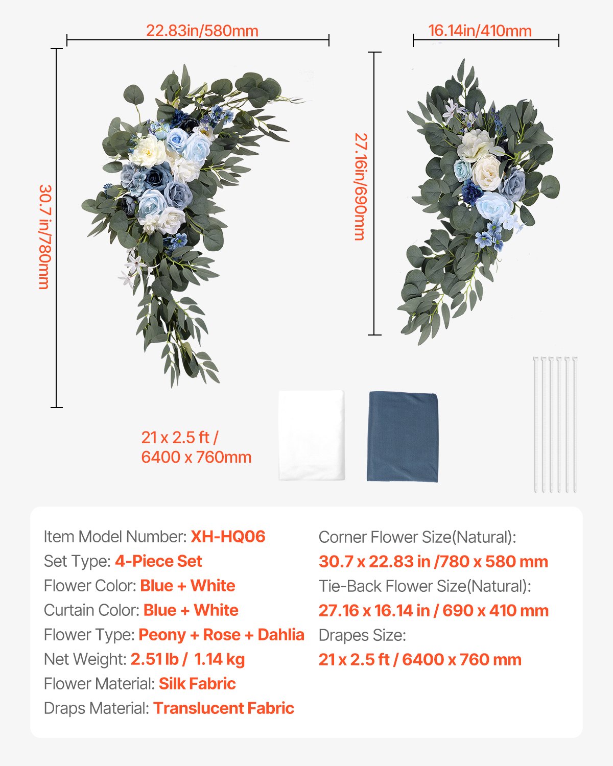 VEVOR Artificial Wedding Arch Flowers Kit Blue With 2 Pcs Flowers 2 Pcs Drapes