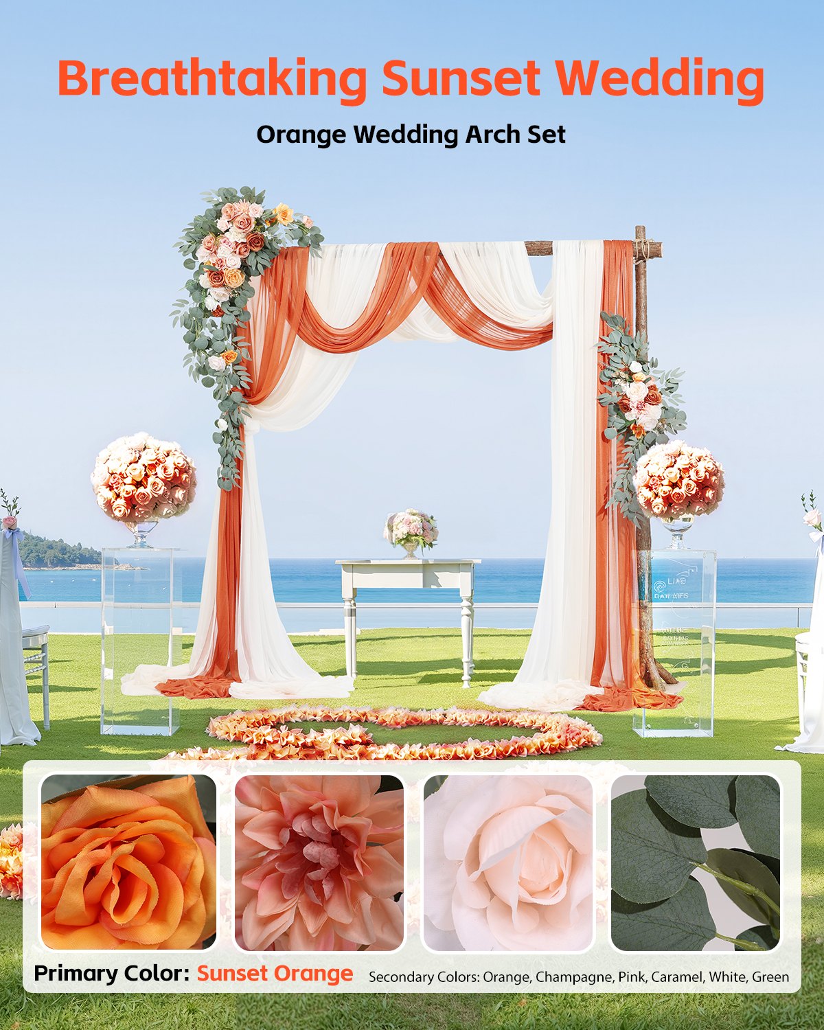 VEVOR Artificial Wedding Arch Flowers Kit Orange With 2 Pcs Flowers 3 Pcs Drapes