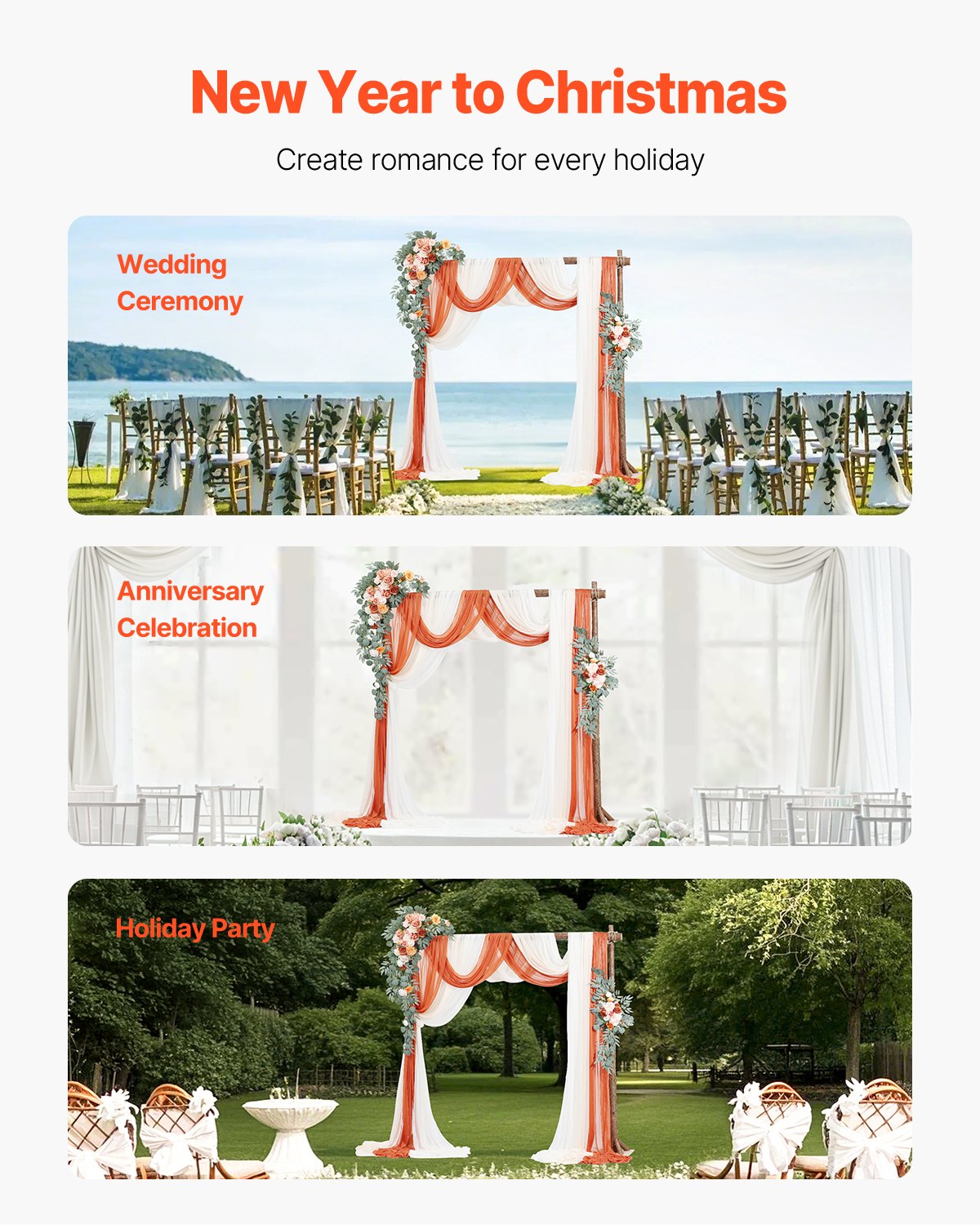 VEVOR Artificial Wedding Arch Flowers Kit Orange With 2 Pcs Flowers 3 Pcs Drapes