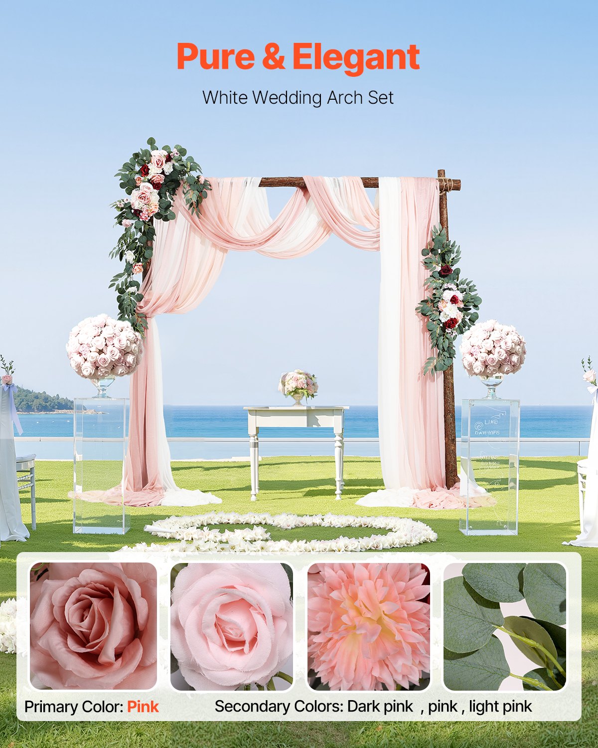 VEVOR Artificial Wedding Arch Flowers Kit Pink With 2 Pcs Flowers 3 Pcs Drapes