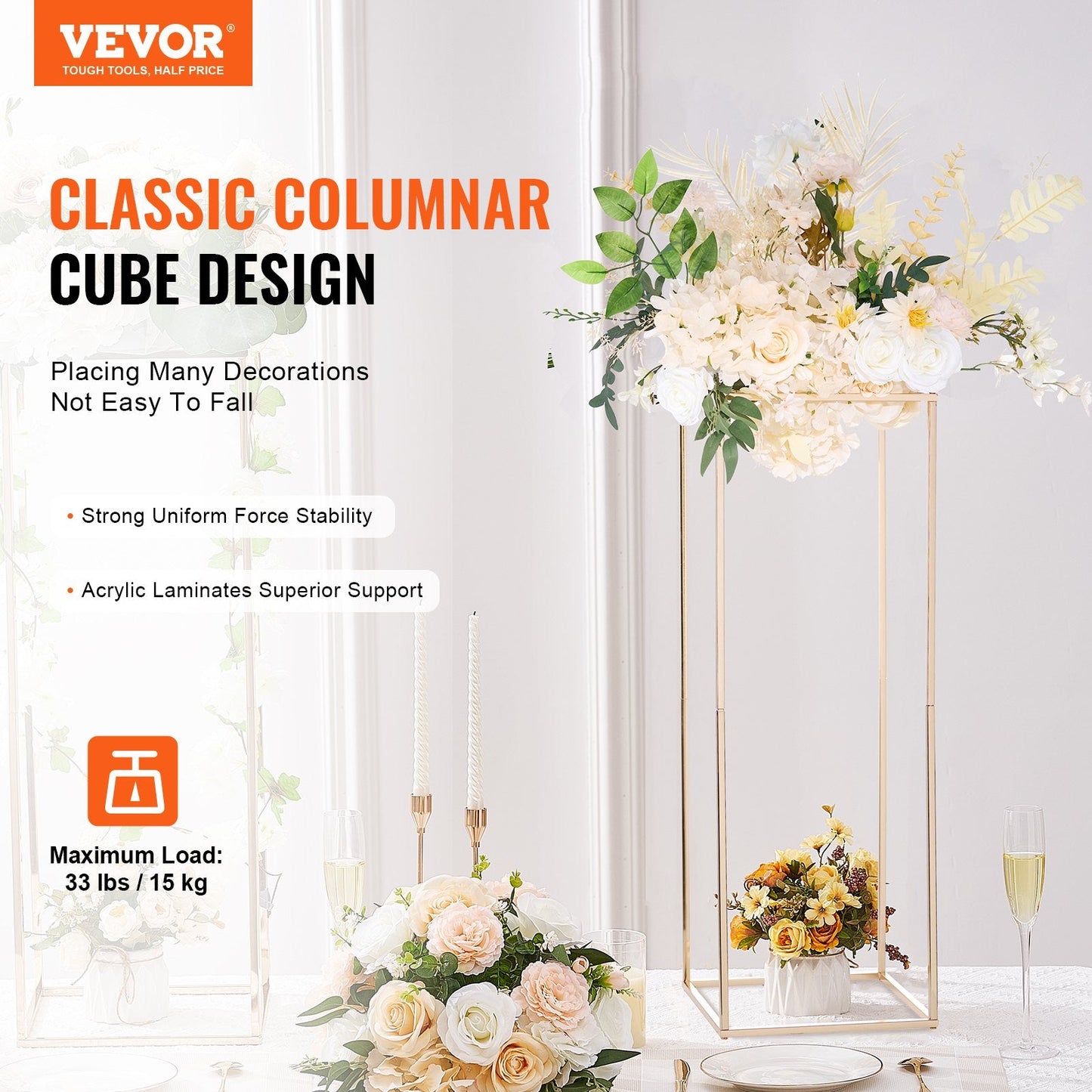 Gold Geometric Floral Display Stands - 80cm Metal Vase Columns for Events
