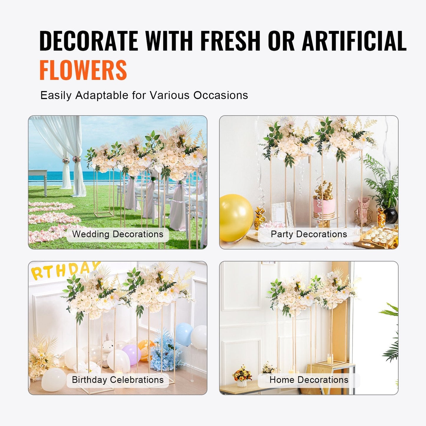 Gold Geometric Floral Display Stands - 80cm Metal Vase Columns for Events