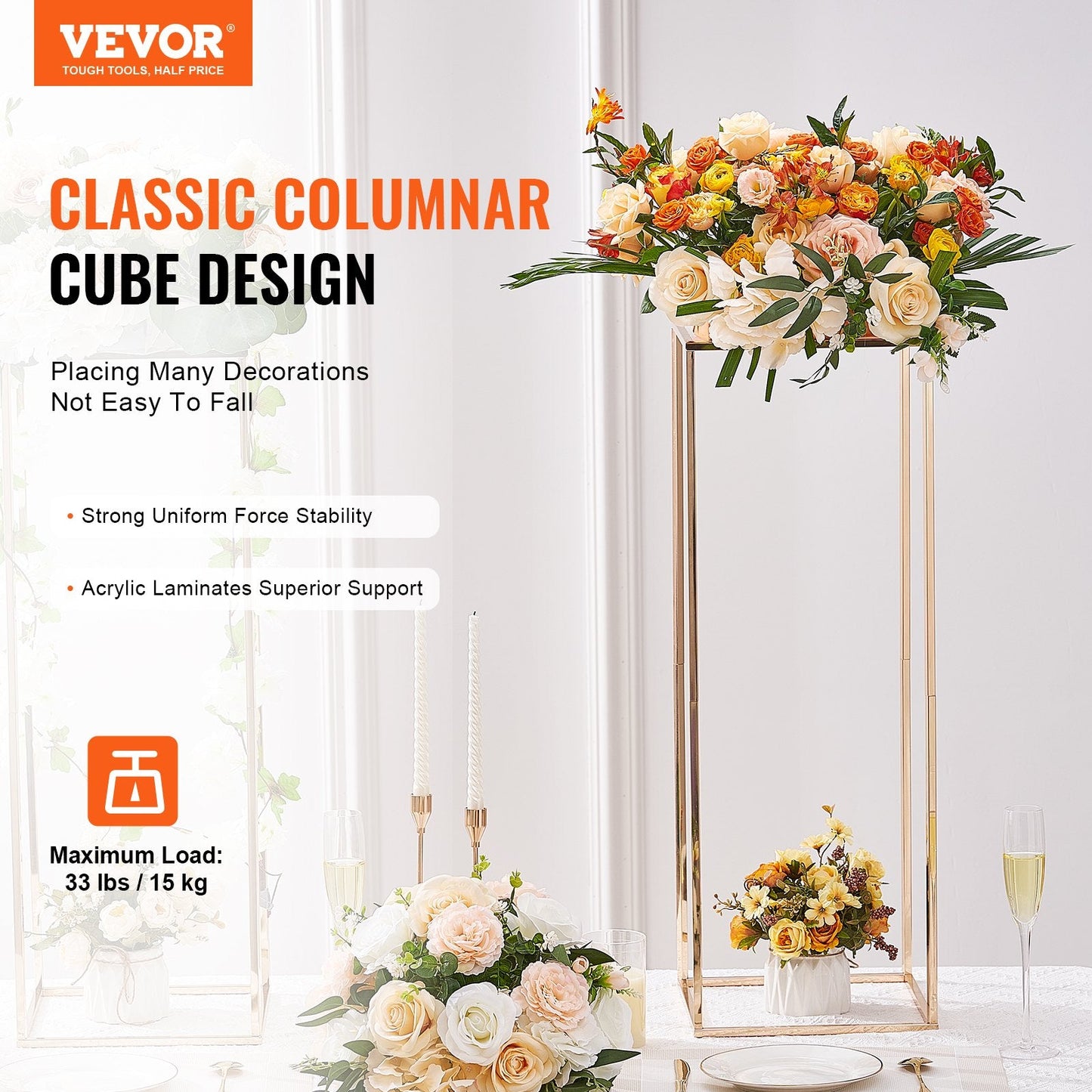Gold Geometric Wedding Flower Stand Set, 80cm High, Tool-Free Installation