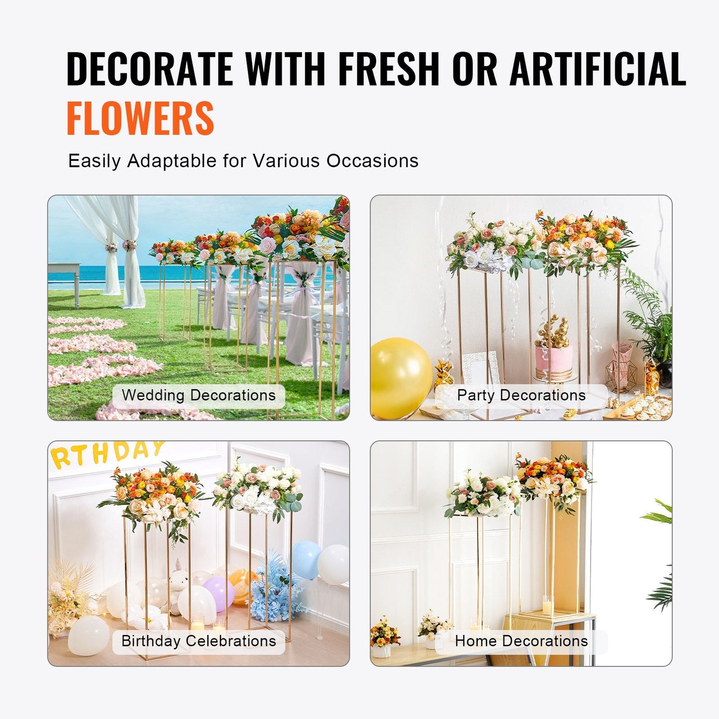 10 Gold Geometric Flower Stands with Acrylic Laminate for Weddings & Events