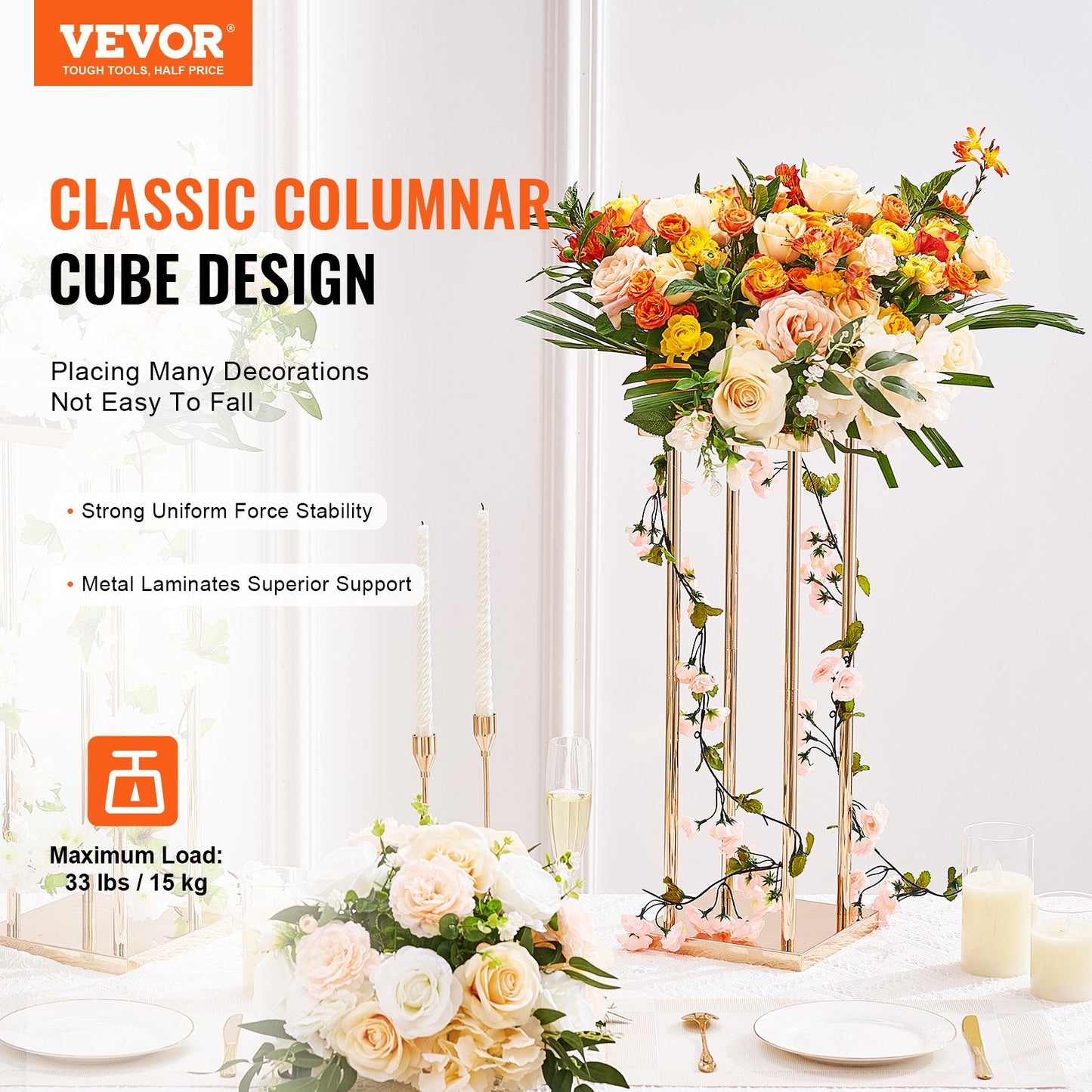 Gold Metal Wedding Flower Stand Set - 80cm Tall Geometric Centerpiece Display