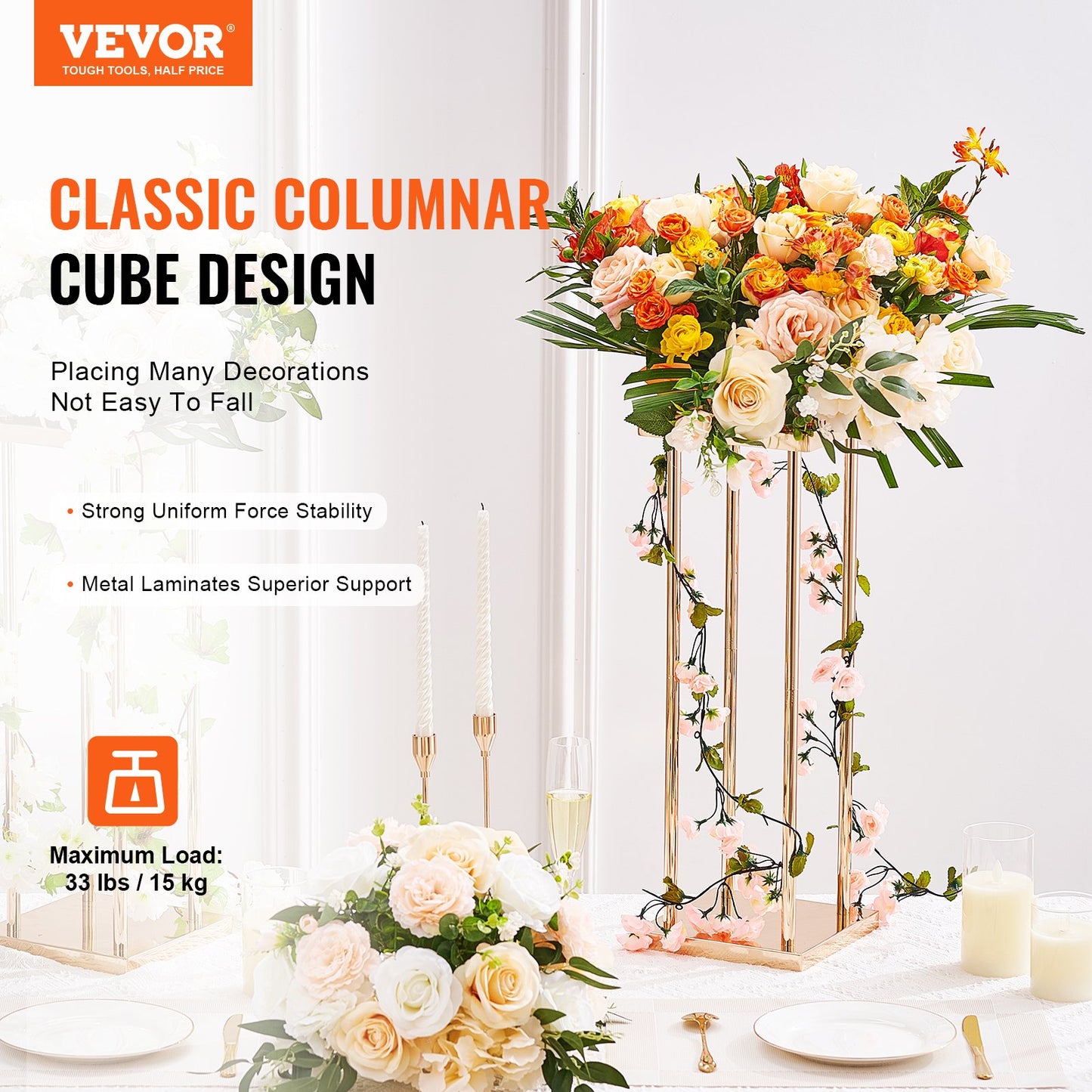 VEVOR 4PCS Gold Metal Column Wedding Flower Stand, 31.5inch/80cm High With Metal