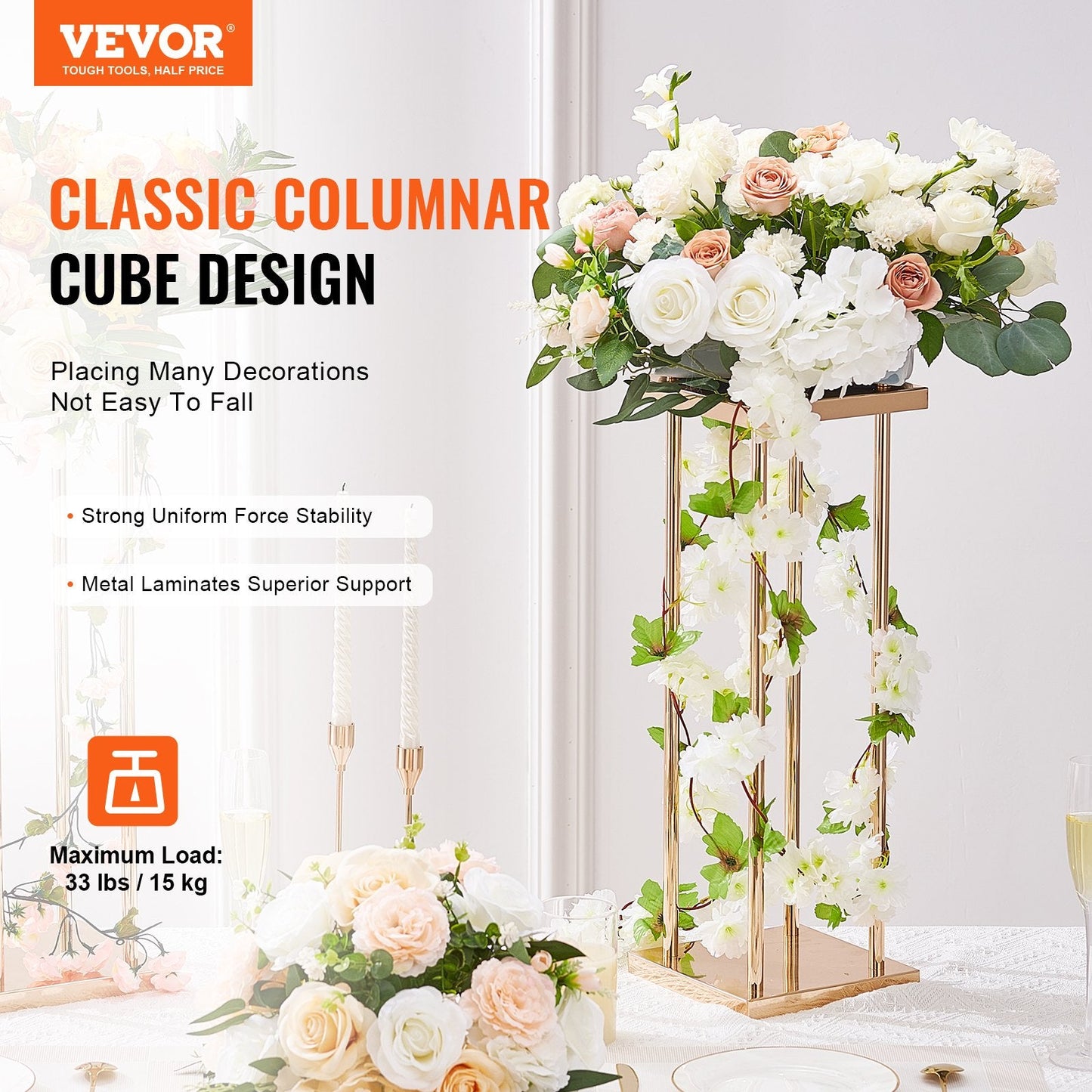 Gold Metal Flower Stand Set, 60cm Tall Geometric Display for Weddings & Events