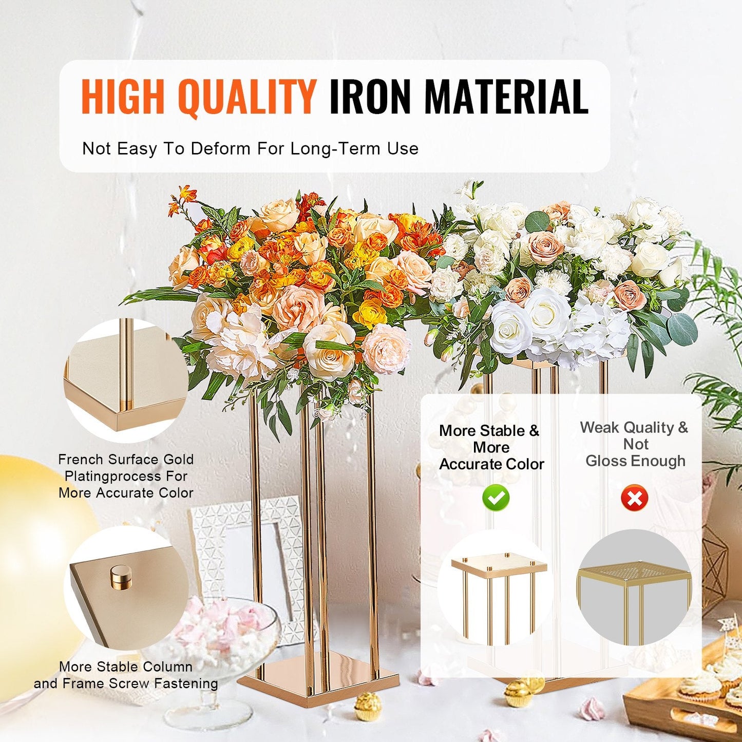 Gold Metal Flower Stand Set, 60cm Tall Geometric Display for Weddings & Events