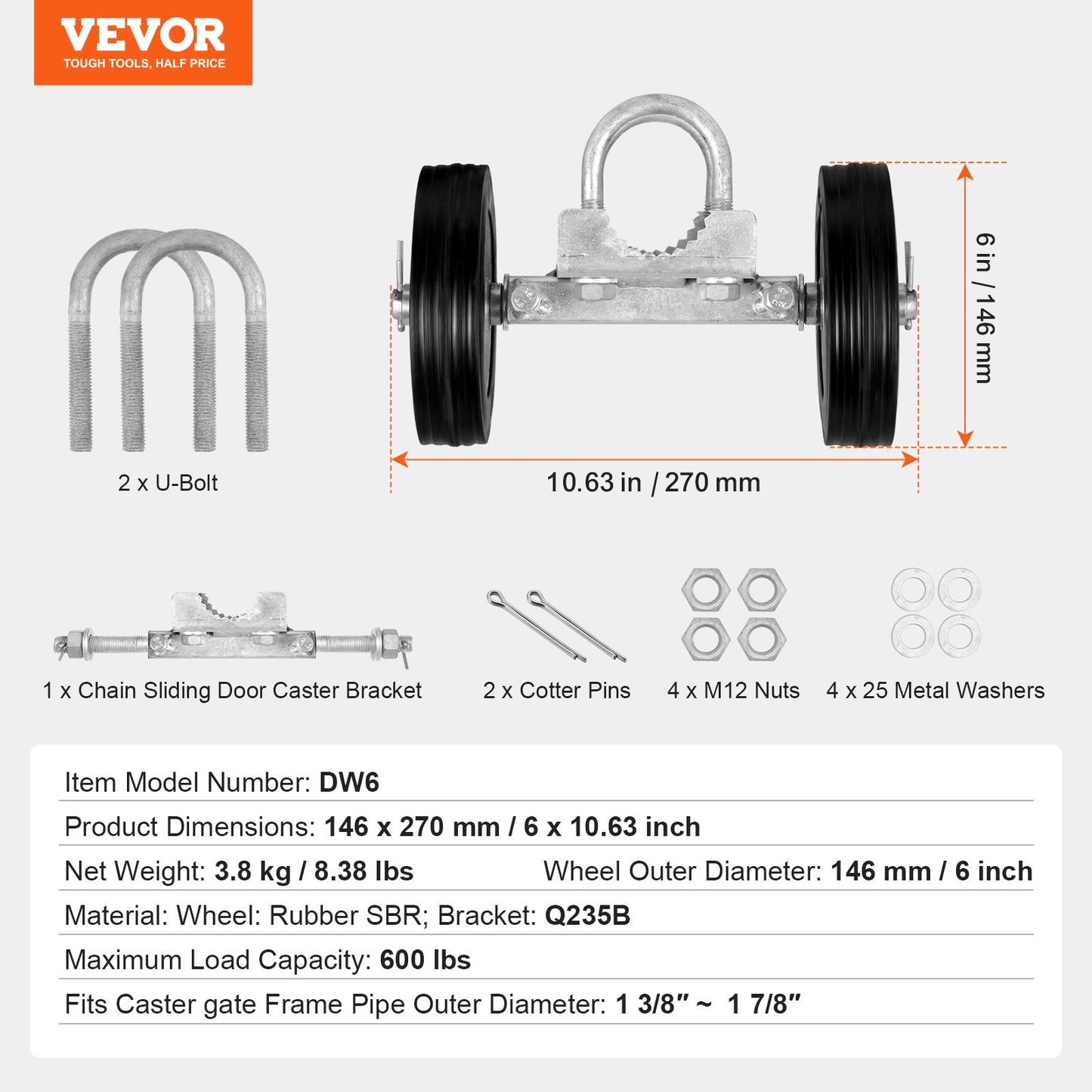 VEVOR Sliding Gate Kit 6” Adjustable Heavy Duty Rolling Hardware 600 lbs Load