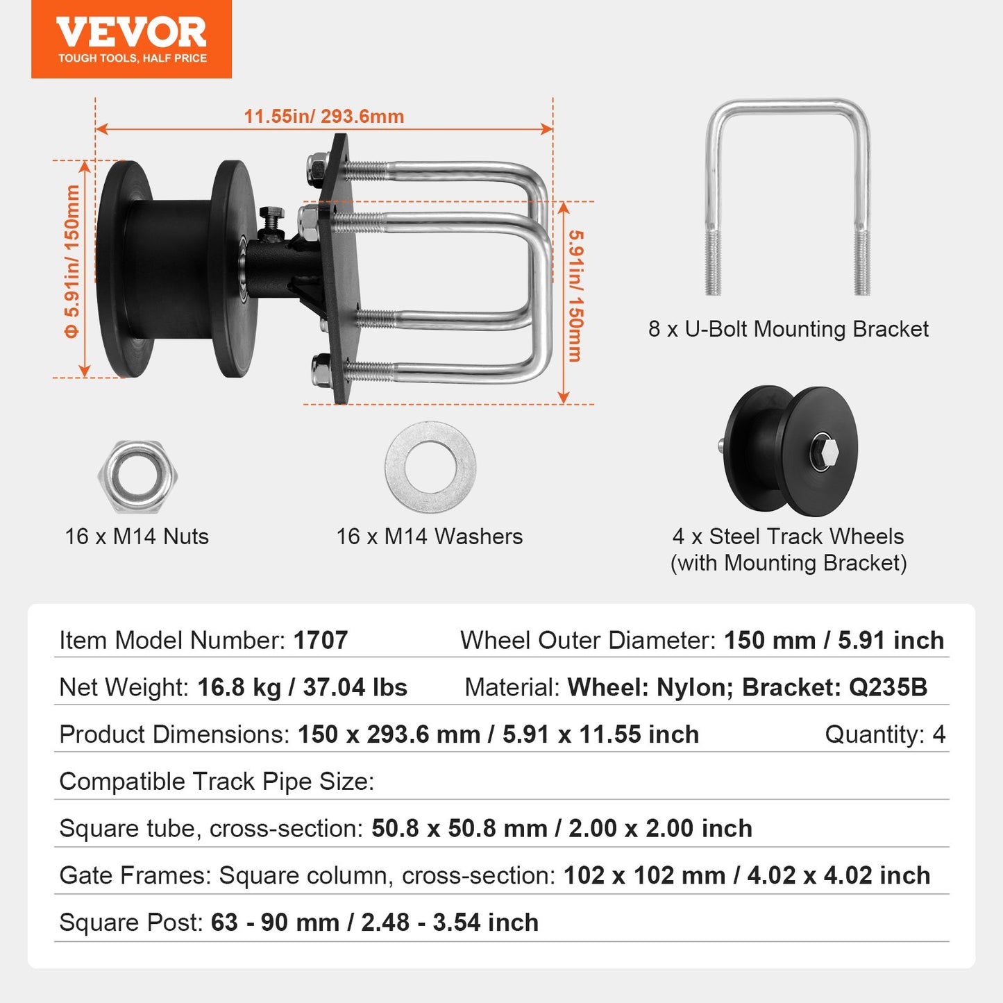 VEVOR Sliding Gate Kit w/ H-Shaped Groove 4 Track Wheels for Cantilever