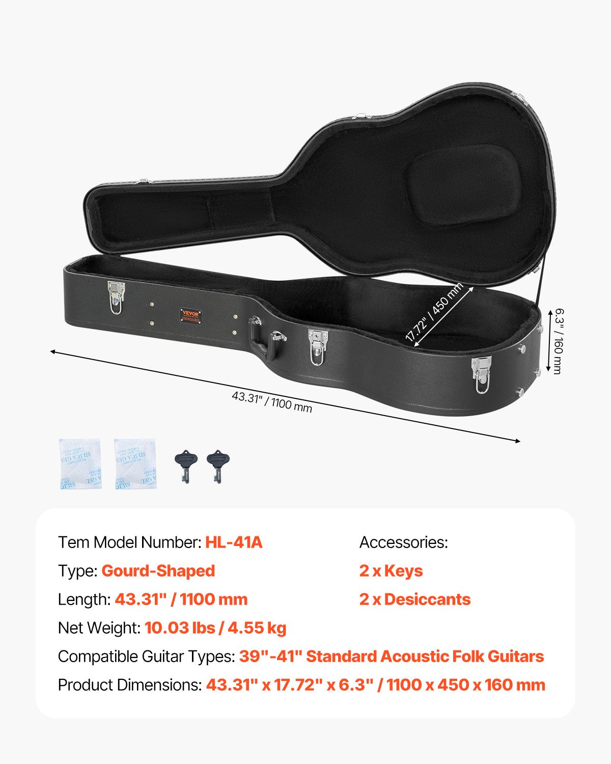 VEVOR Acoustic Guitar Hard Case 1100 mm With Lock Key And for Acoustic Guitar