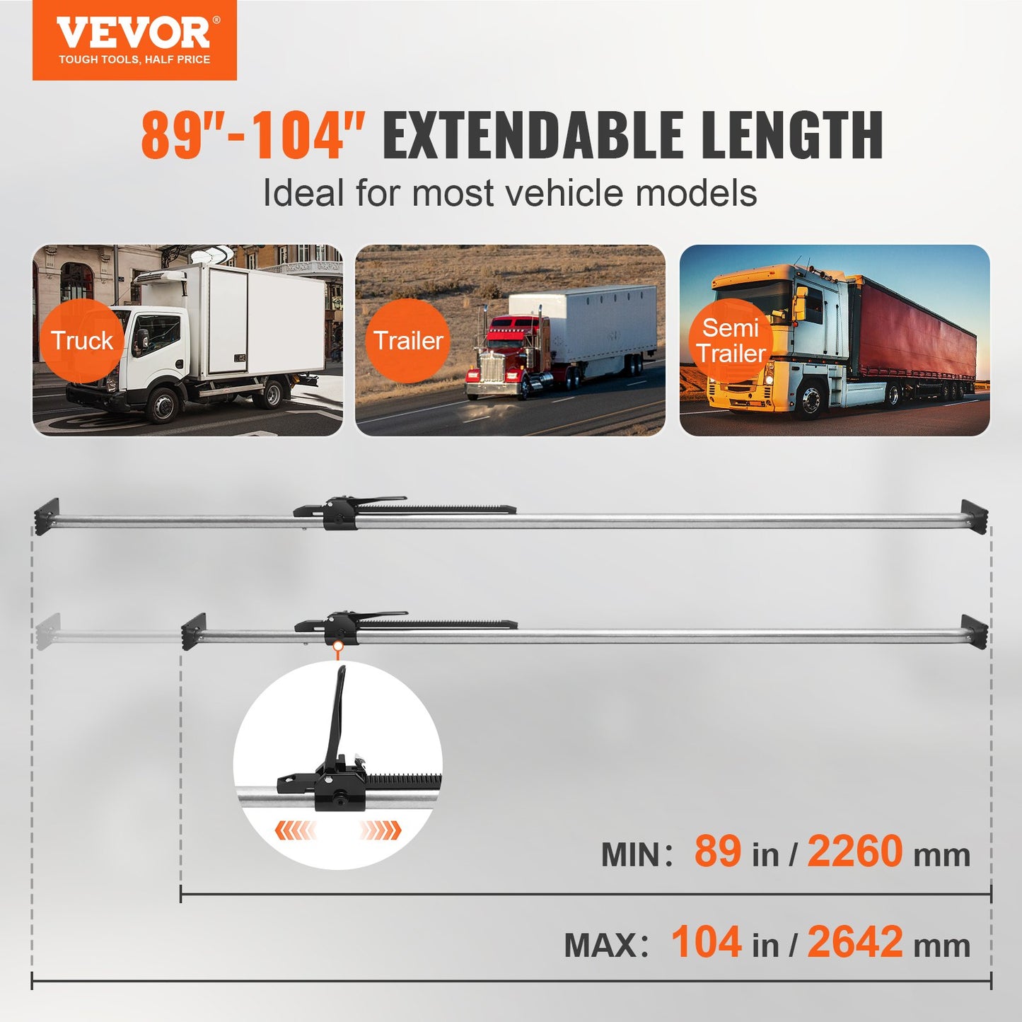 VEVOR Cargo Bar, Ratcheting Cargo Bar Adjustable from 89" to 104", Heavy-duty Steel