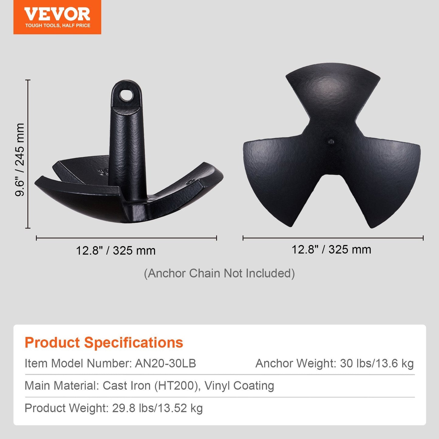 Heavy-Duty 13.6 kg River Boat Anchor, Cast Iron with Vinyl Coating