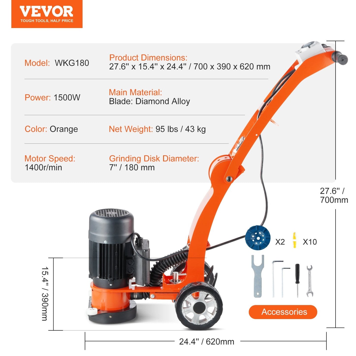 Electric Floor Grinder, 2.0HP, 1500W, 0.18m Disk, Adjustable Handle, 43kg