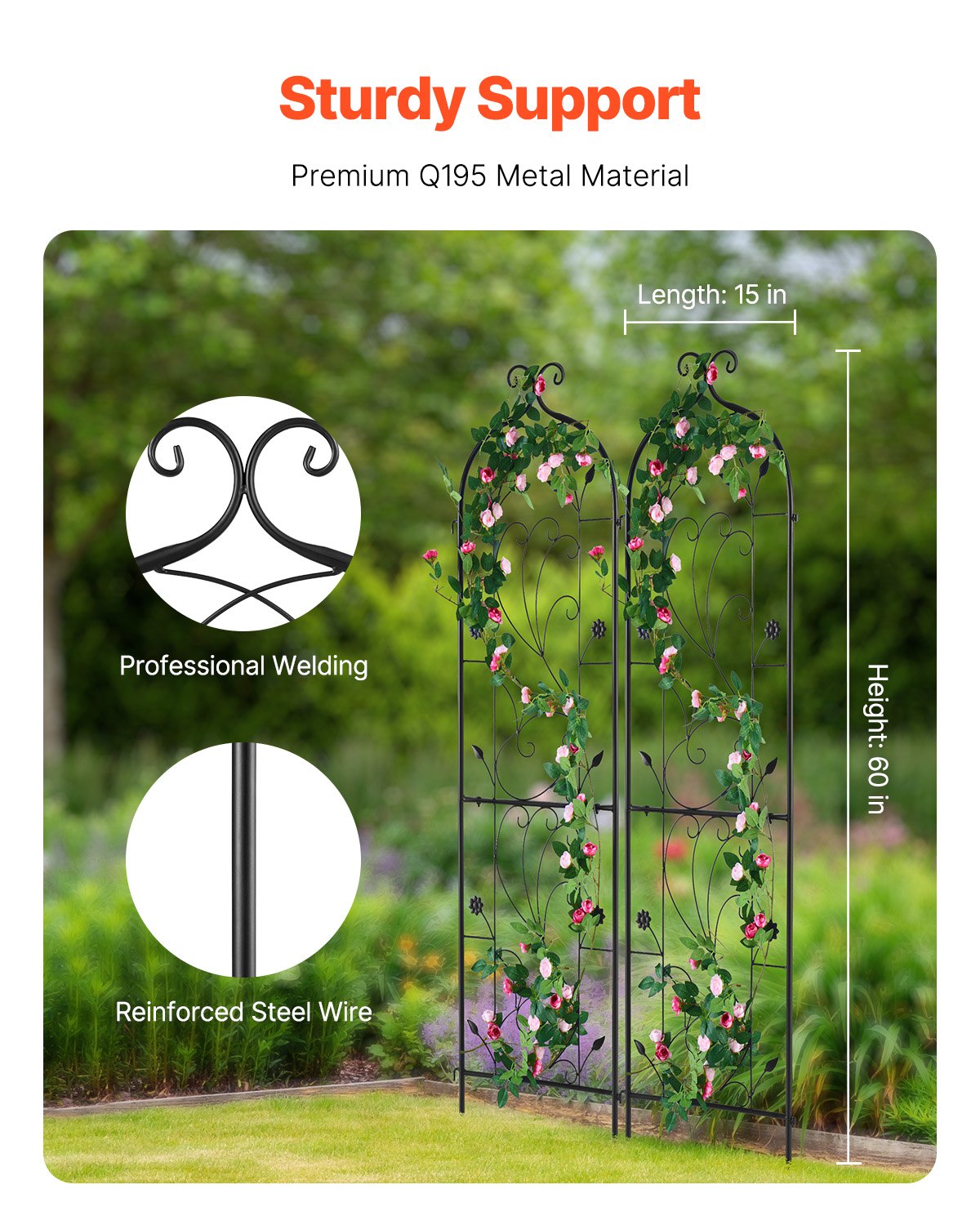 VEVOR 2 Packs Metal Garden Trellis for Climbing Plant Support 60x15 in Rustproof