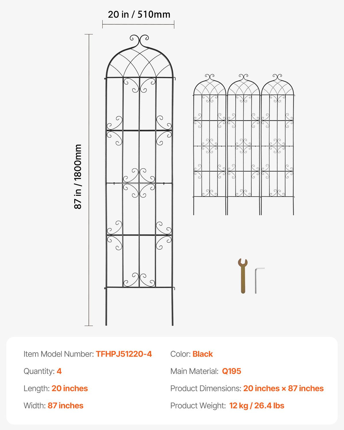 VEVOR 4 Packs Metal Garden Trellis for Climbing Plant Support 87x20 in Rustproof