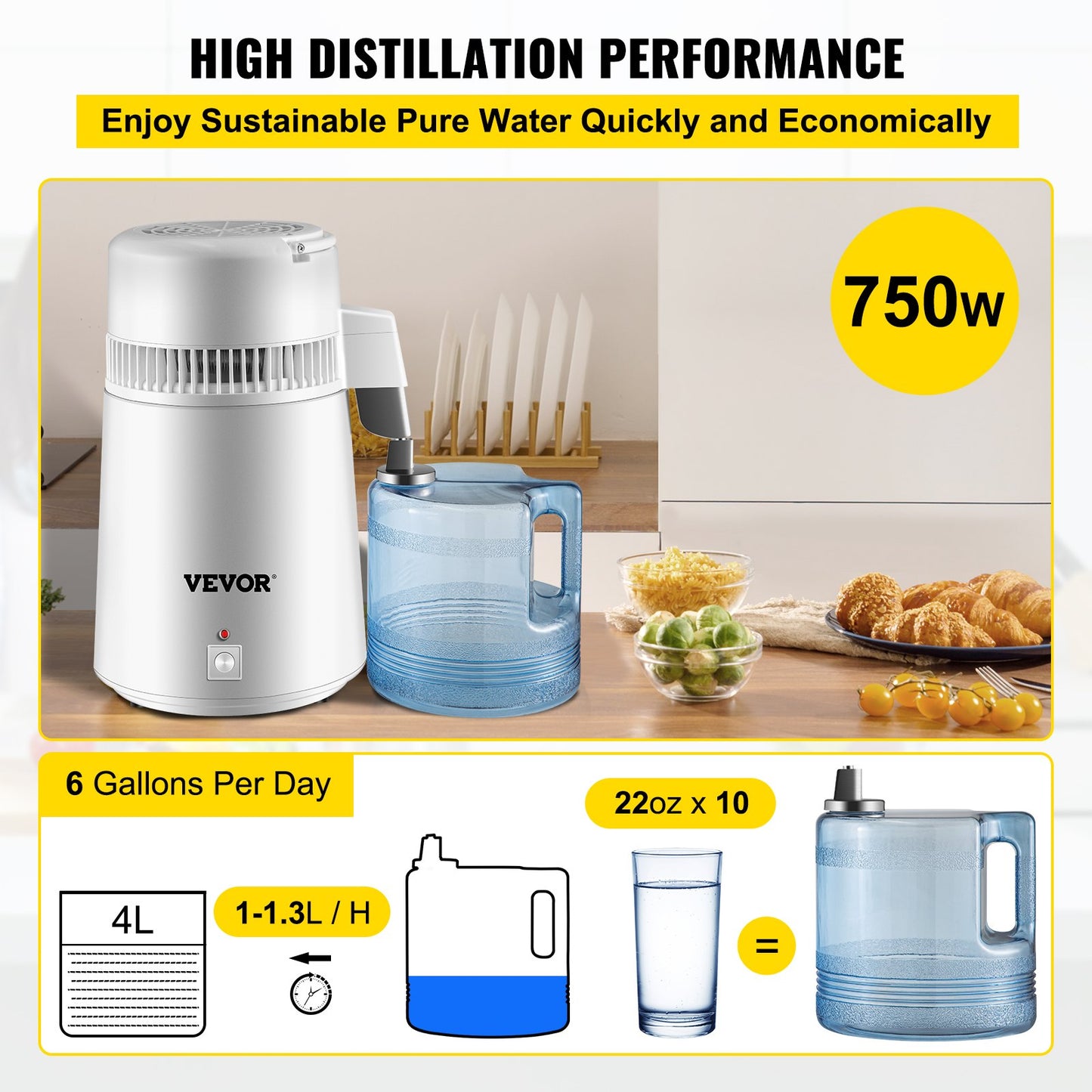 VEVOR Water Distiller Purifier Pure Water Distiller Filters Water Distillation 4L