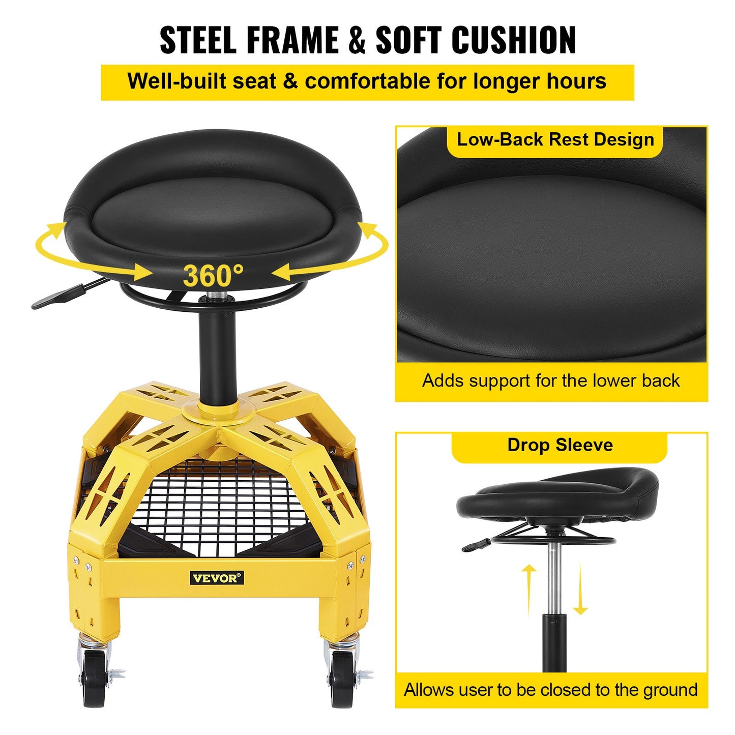 VEVOR Rolling Garage Stool, 300LBS Capacity, Adjustable Height from 24 in to 28.7