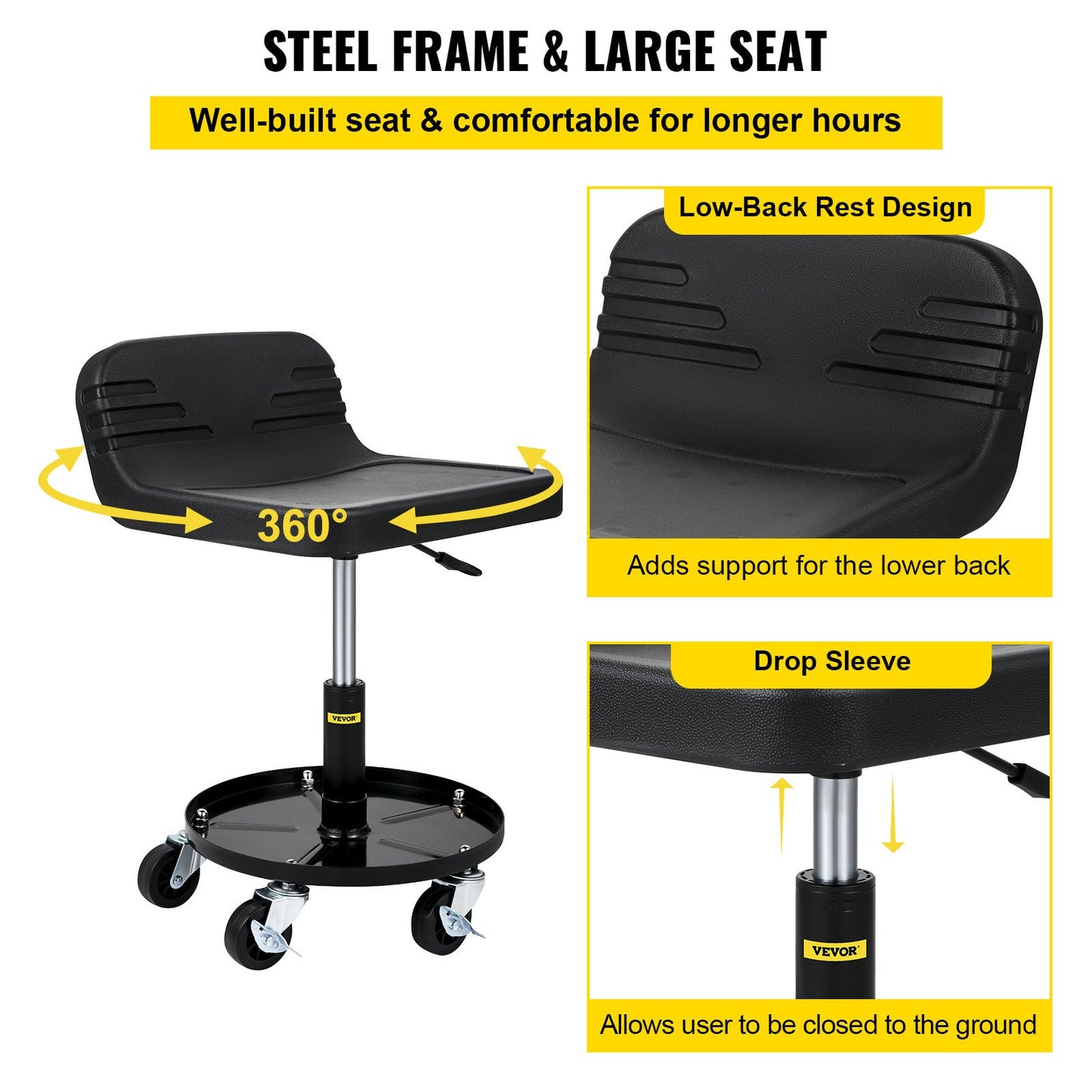 VEVOR Rolling Garage Stool 135KG Adjustable Mechanic Work Shop Seat w/Casters