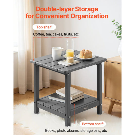 Outdoor Side Table 2-Tier HDPE Outside End Table for Indoor Backyard Grey